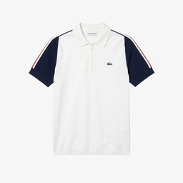 Erkek Kısa Kollu Yarım Fermuarlı Renk Bloklu Beyaz Triko Beyaz