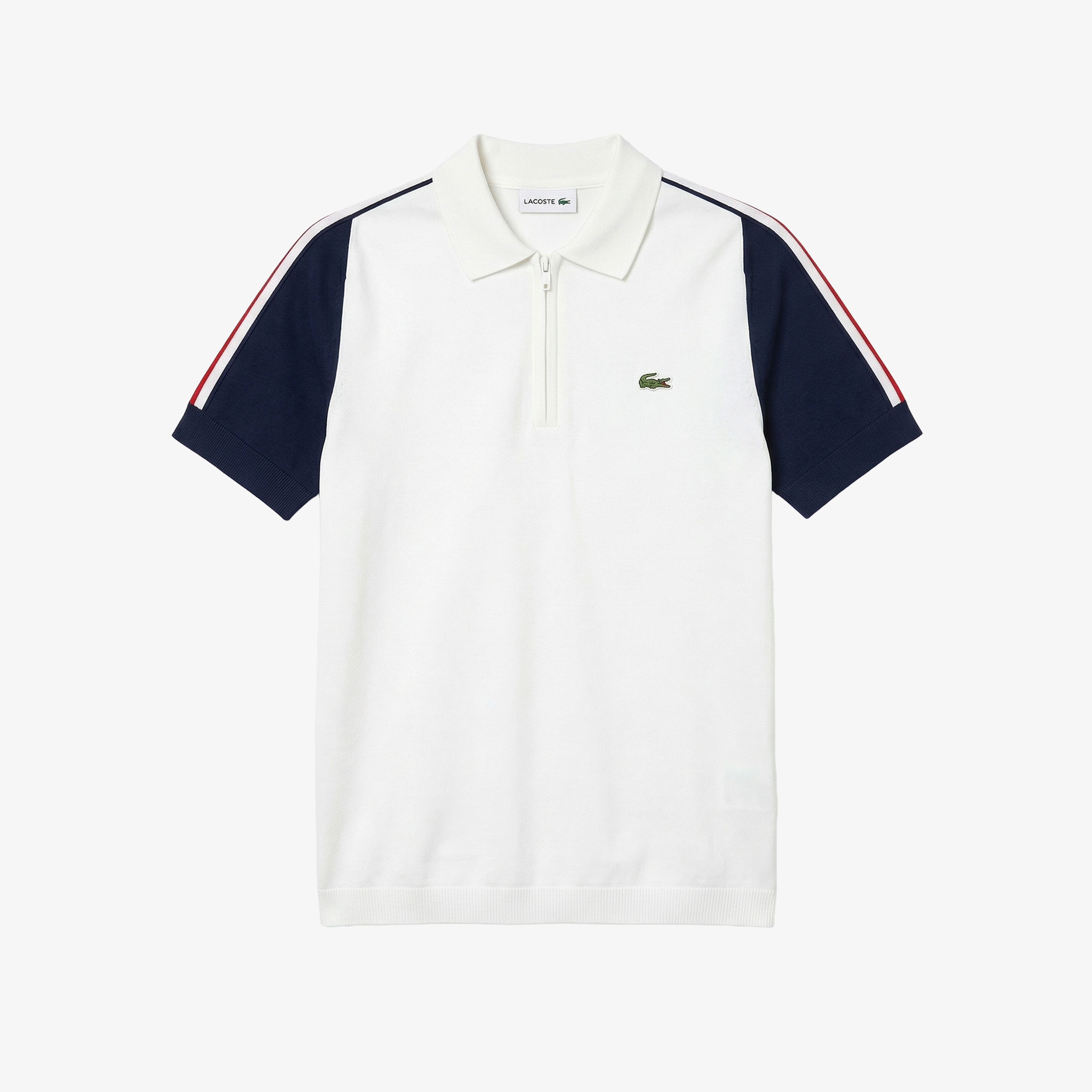 Erkek Kısa Kollu Yarım Fermuarlı Renk Bloklu Beyaz Triko