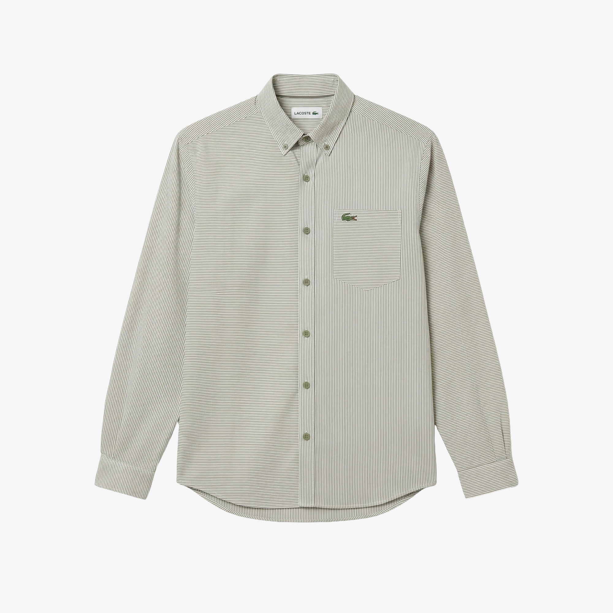 Erkek Relaxed Fit Düğmeli Yaka Çizgili Haki Gömlek