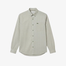 Erkek Relaxed Fit Düğmeli Yaka Çizgili Haki Gömlek Yeşil