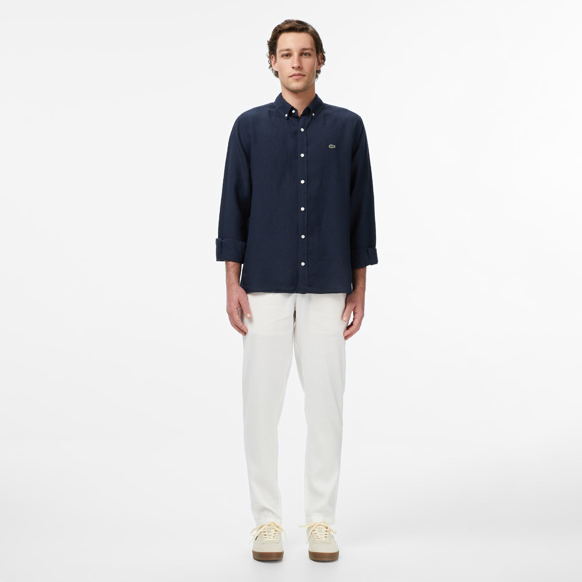 Lacoste Erkek Regular Fit Düğmeli Yaka Keten Lacivert Gömlek görsel 5
