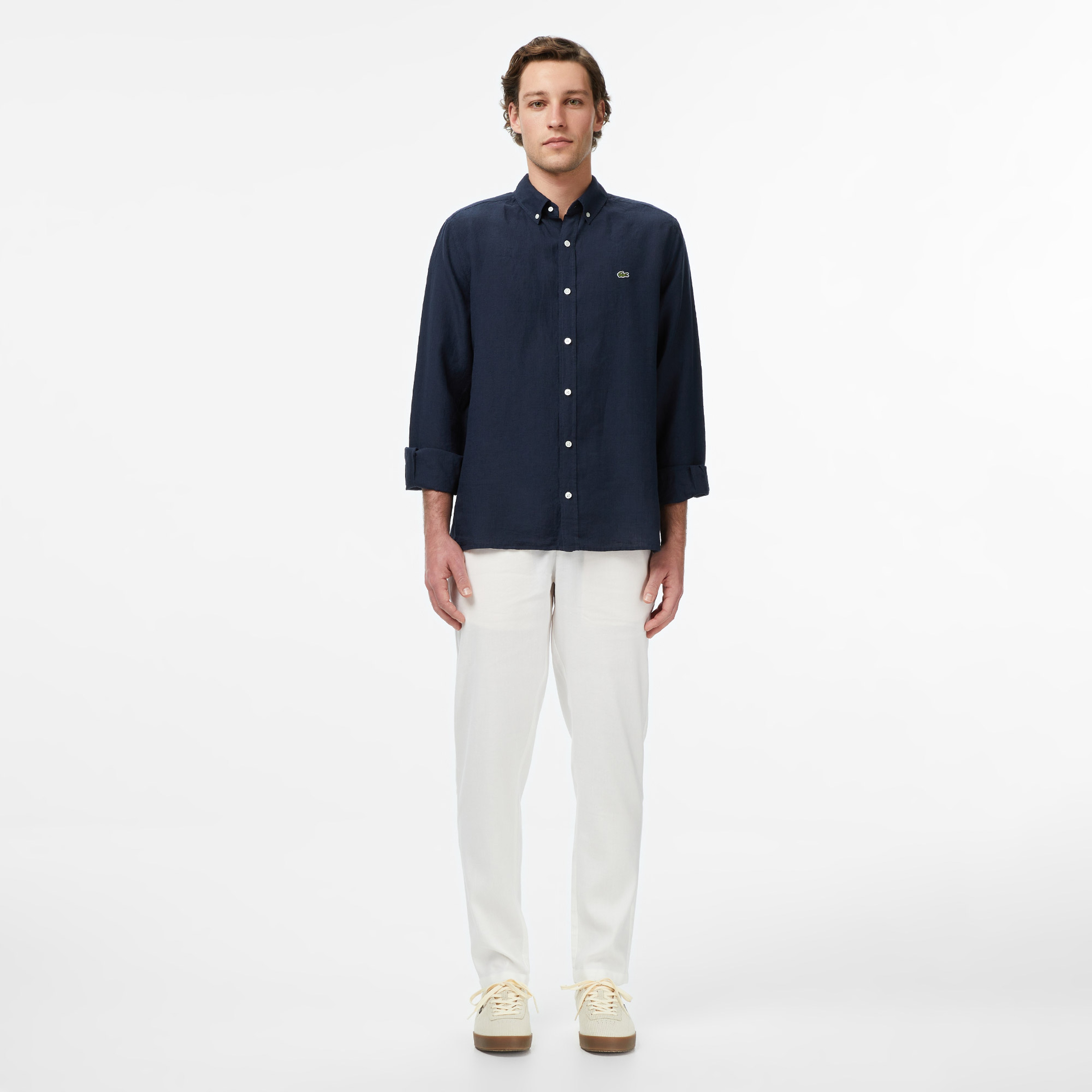 Erkek Regular Fit Düğmeli Yaka Keten Lacivert Gömlek