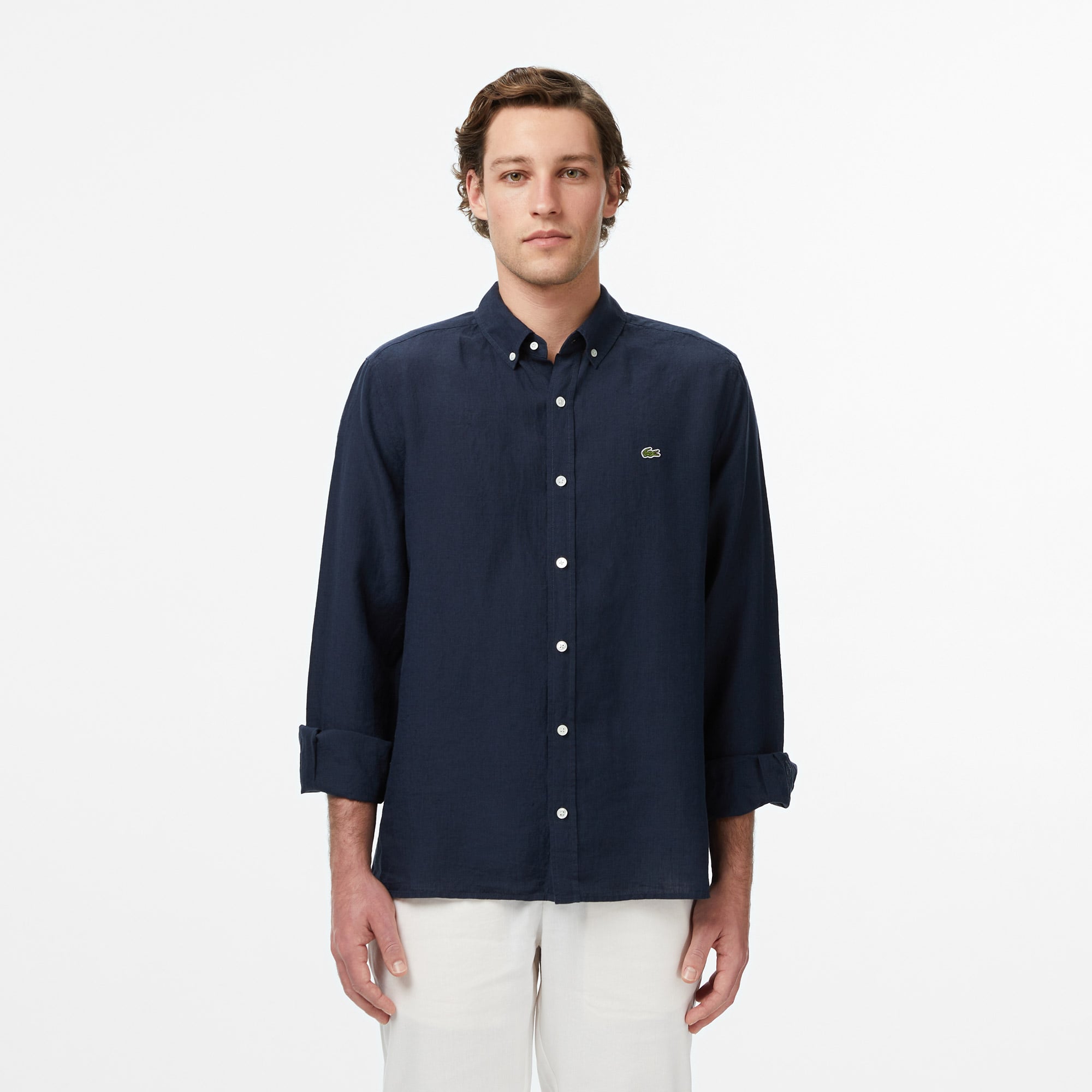 Lacoste Erkek Regular Fit Düğmeli Yaka Keten Lacivert Gömlek