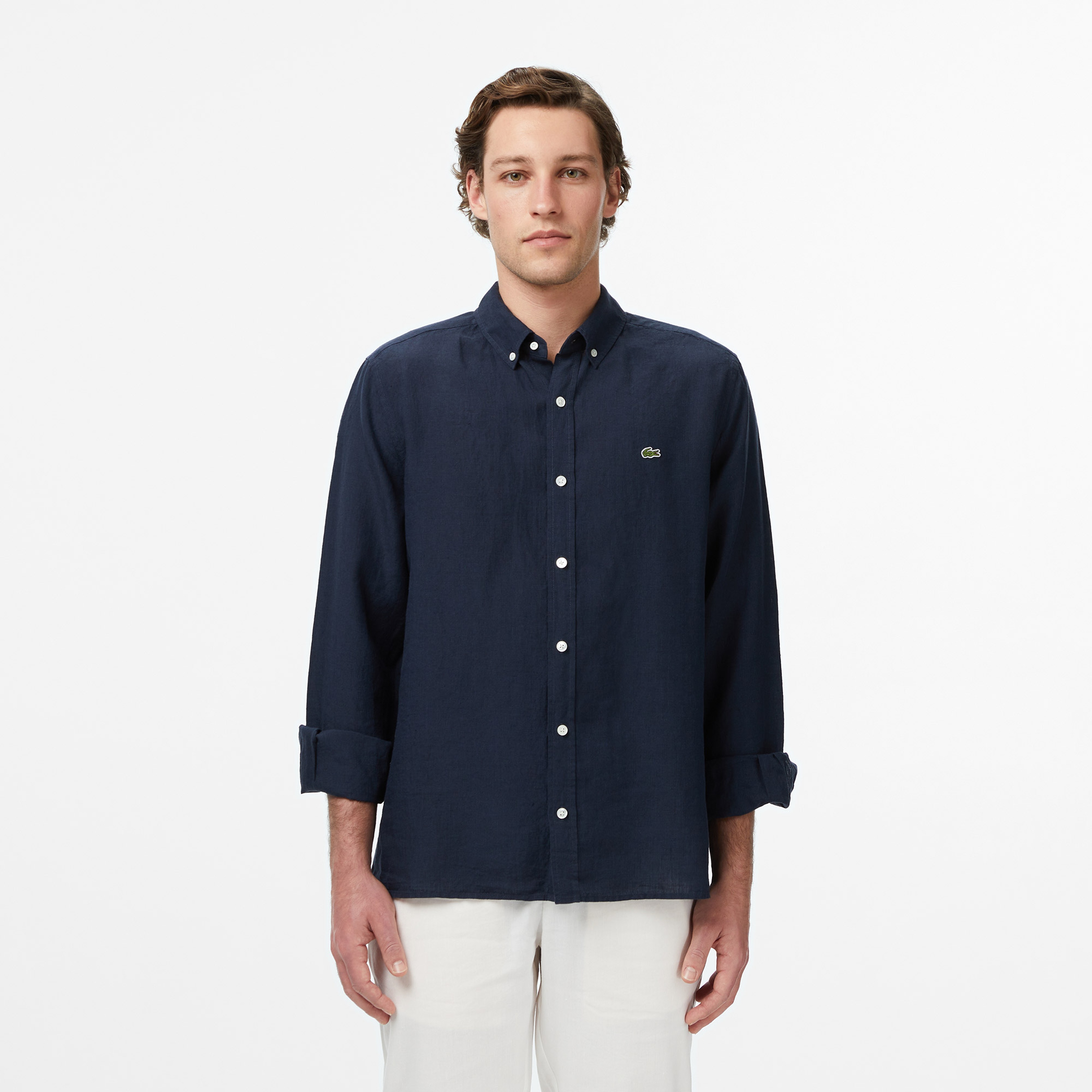 Erkek Regular Fit Düğmeli Yaka Keten Lacivert Gömlek