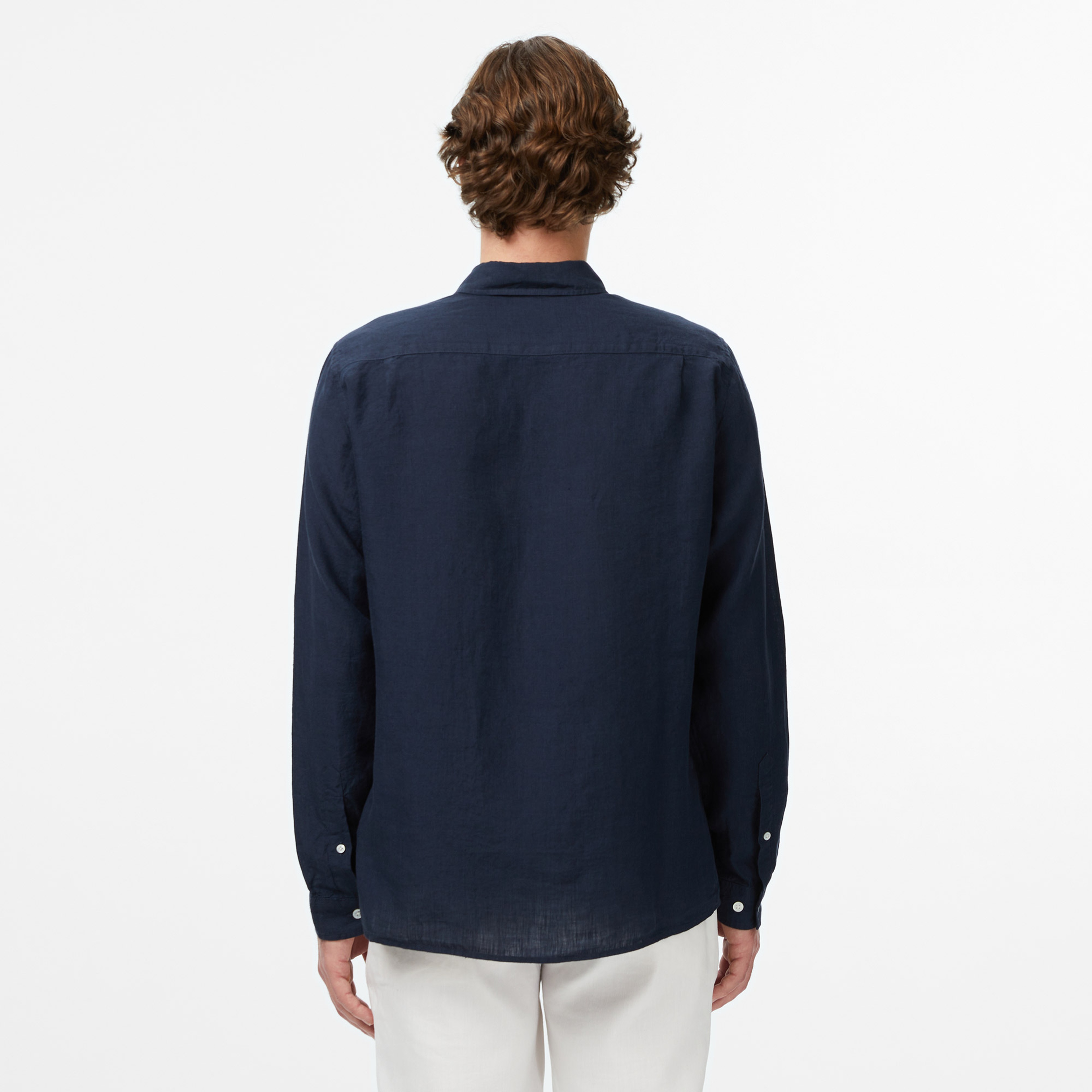 Erkek Regular Fit Düğmeli Yaka Keten Lacivert Gömlek