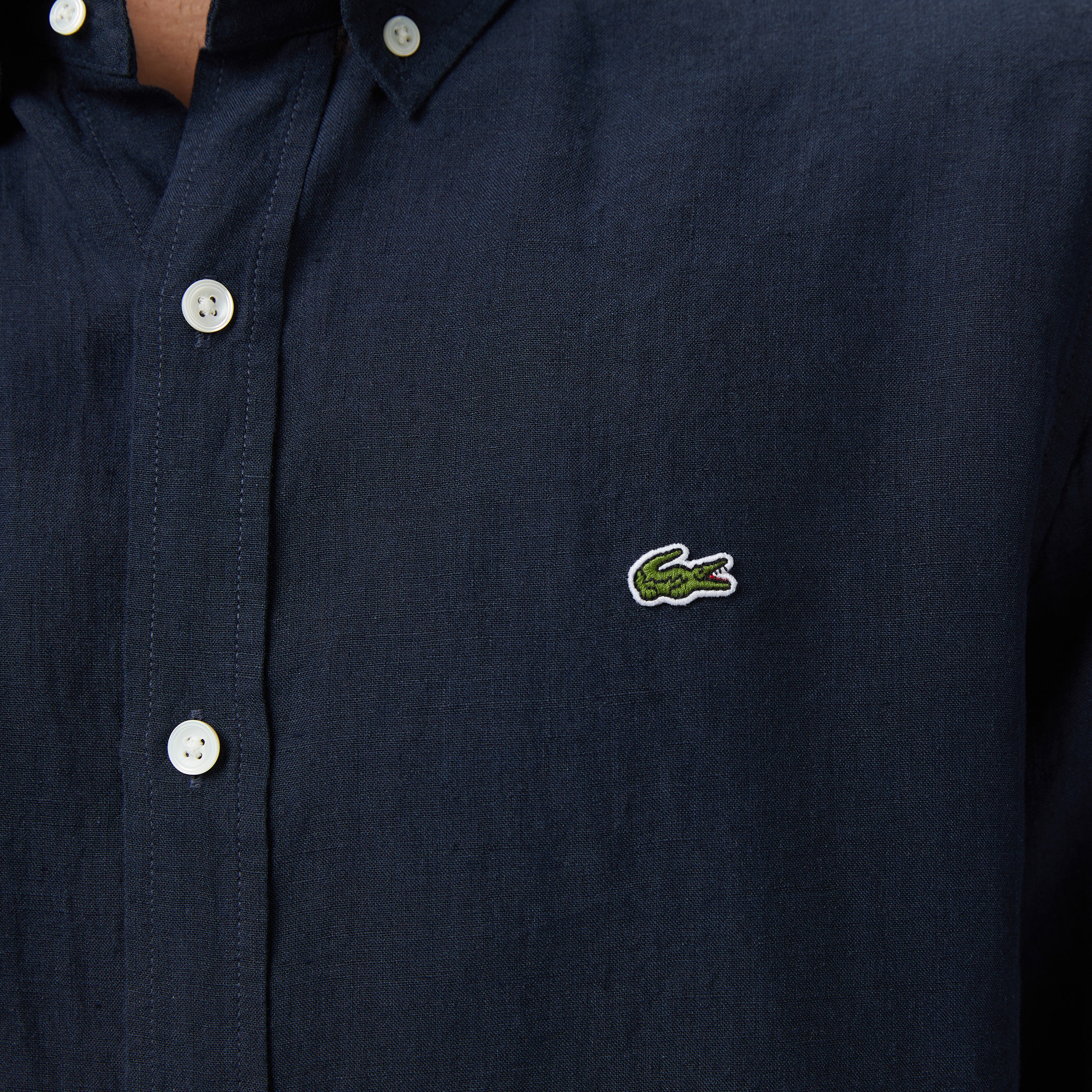 Erkek Regular Fit Düğmeli Yaka Keten Lacivert Gömlek