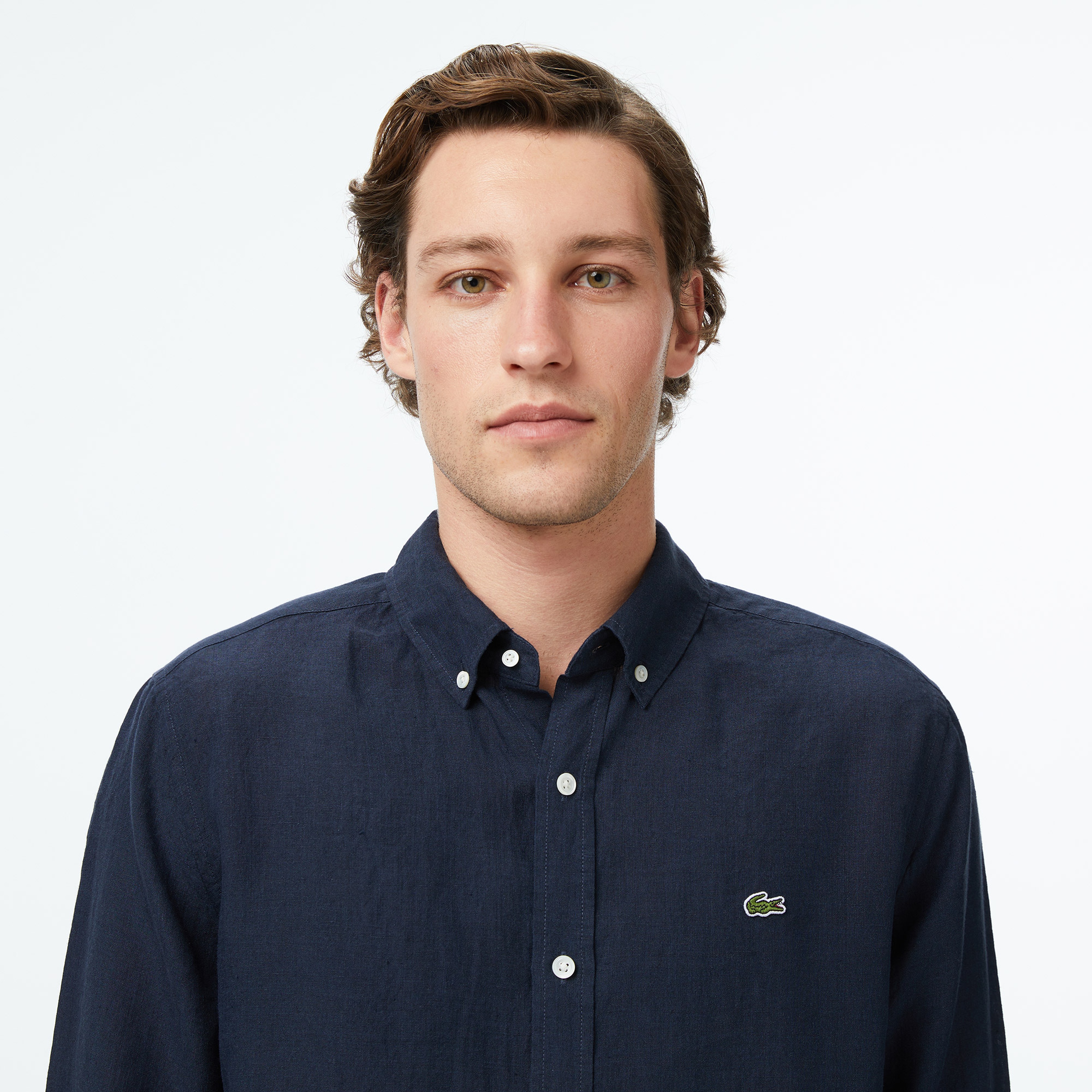 Erkek Regular Fit Düğmeli Yaka Keten Lacivert Gömlek