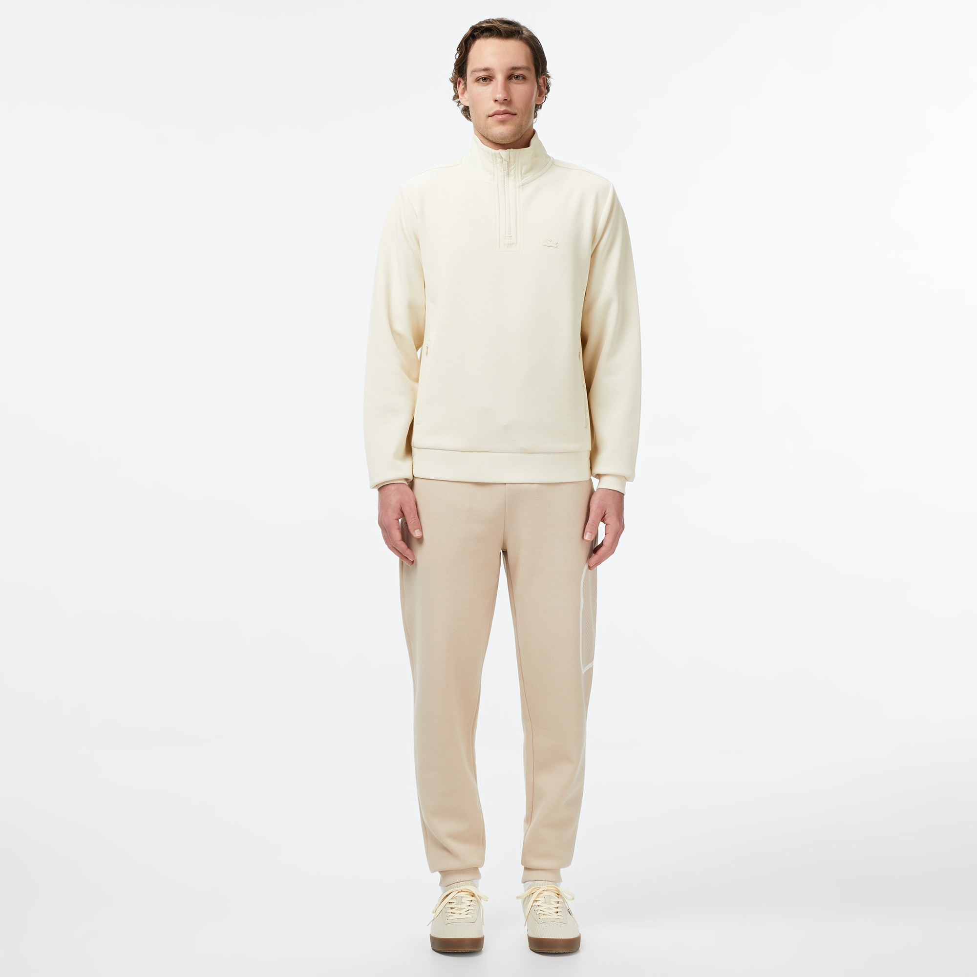 Erkek Classic Fit Yarım Fermuarlı Bej Sweatshirt