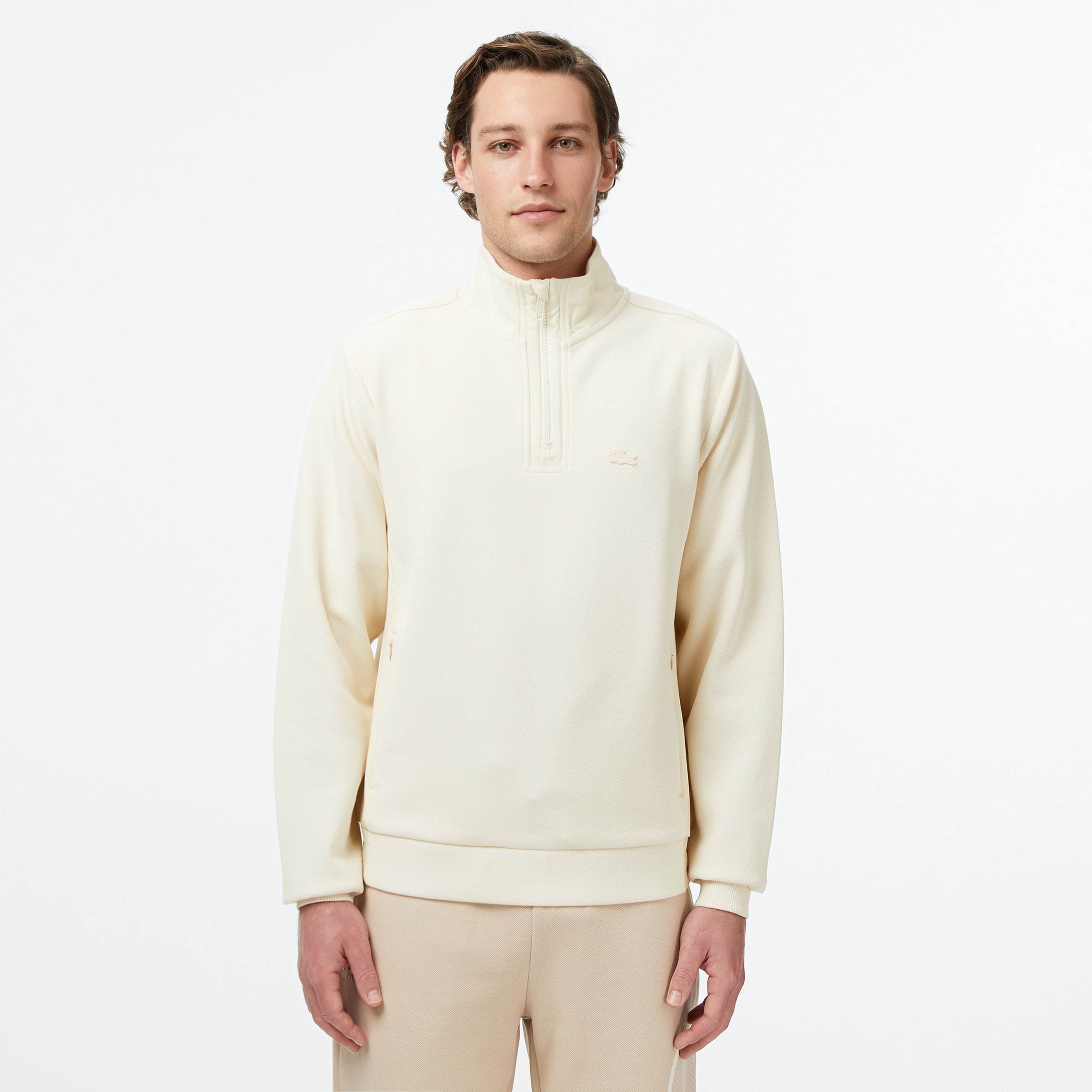Erkek Classic Fit Yarım Fermuarlı Bej Sweatshirt