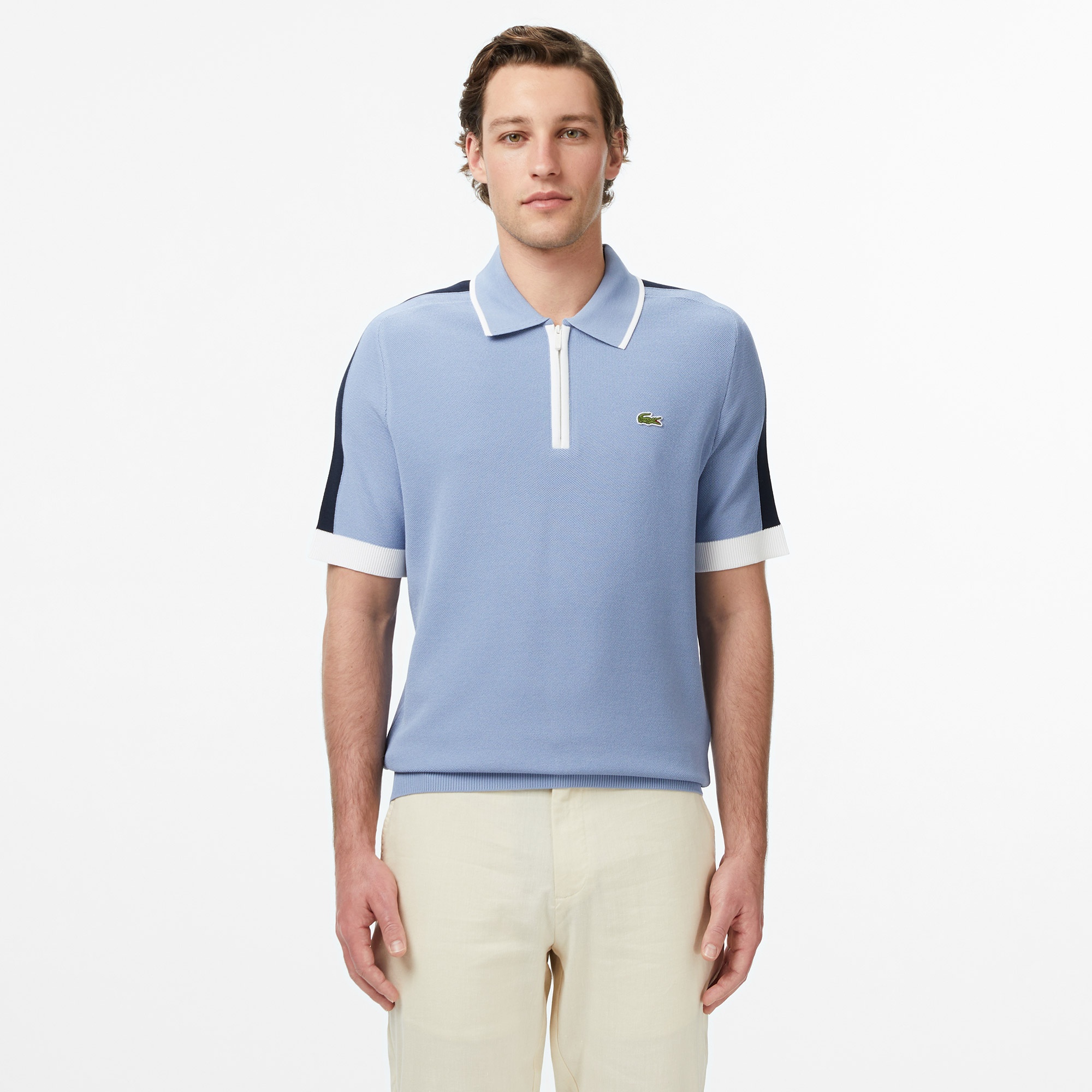 Erkek Classic Fit Kısa Kollu Yarım Fermuarlı Mavi Triko