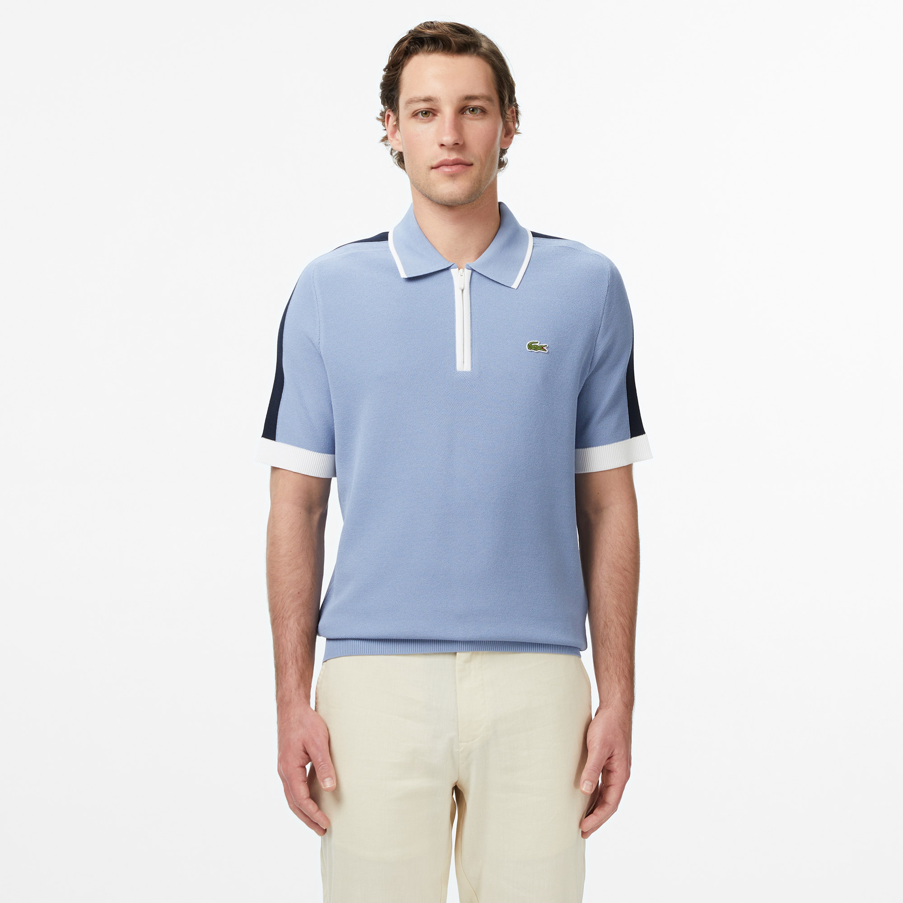 Erkek Classic Fit Kısa Kollu Yarım Fermuarlı Mavi Triko