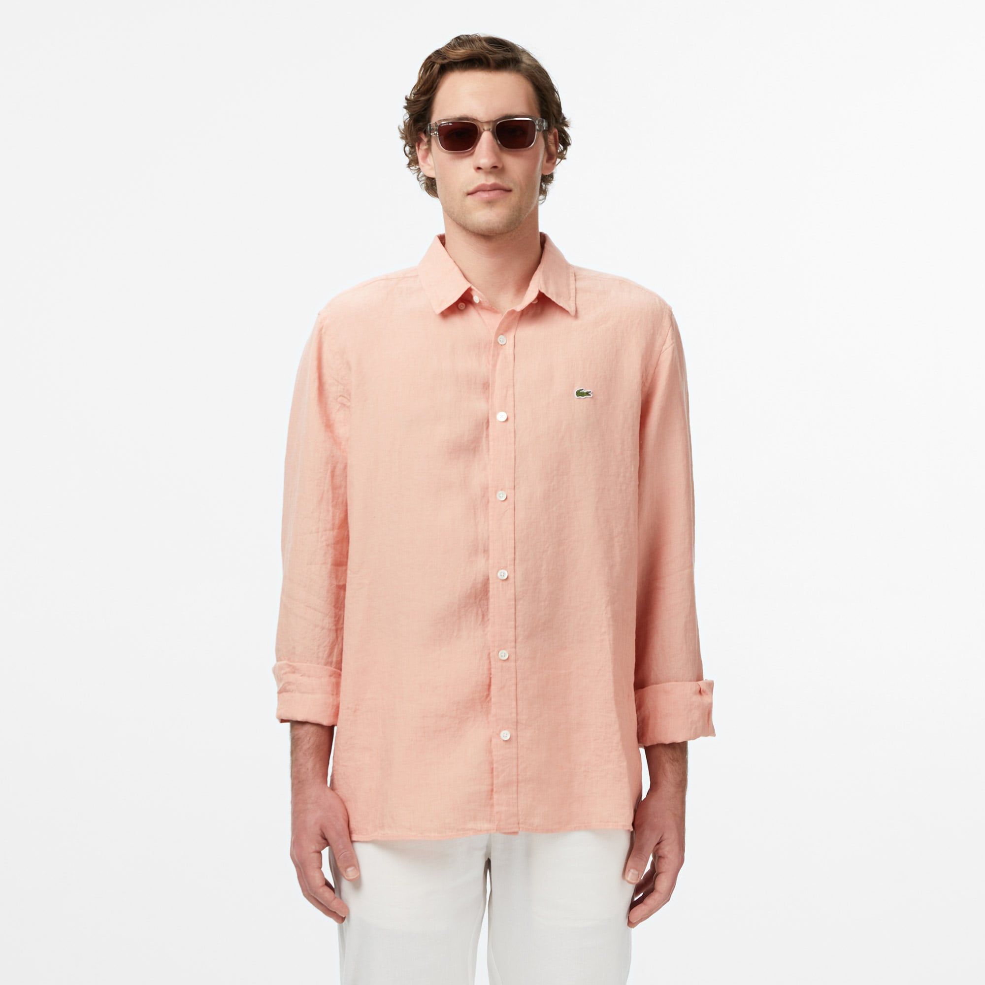Lacoste Erkek Regular Fit Düğmeli Yaka Keten Turuncu Gömlek