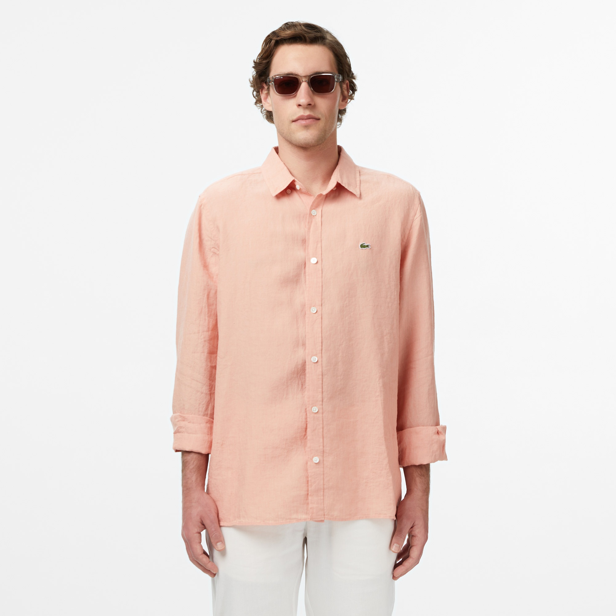 Erkek Regular Fit Düğmeli Yaka Keten Turuncu Gömlek