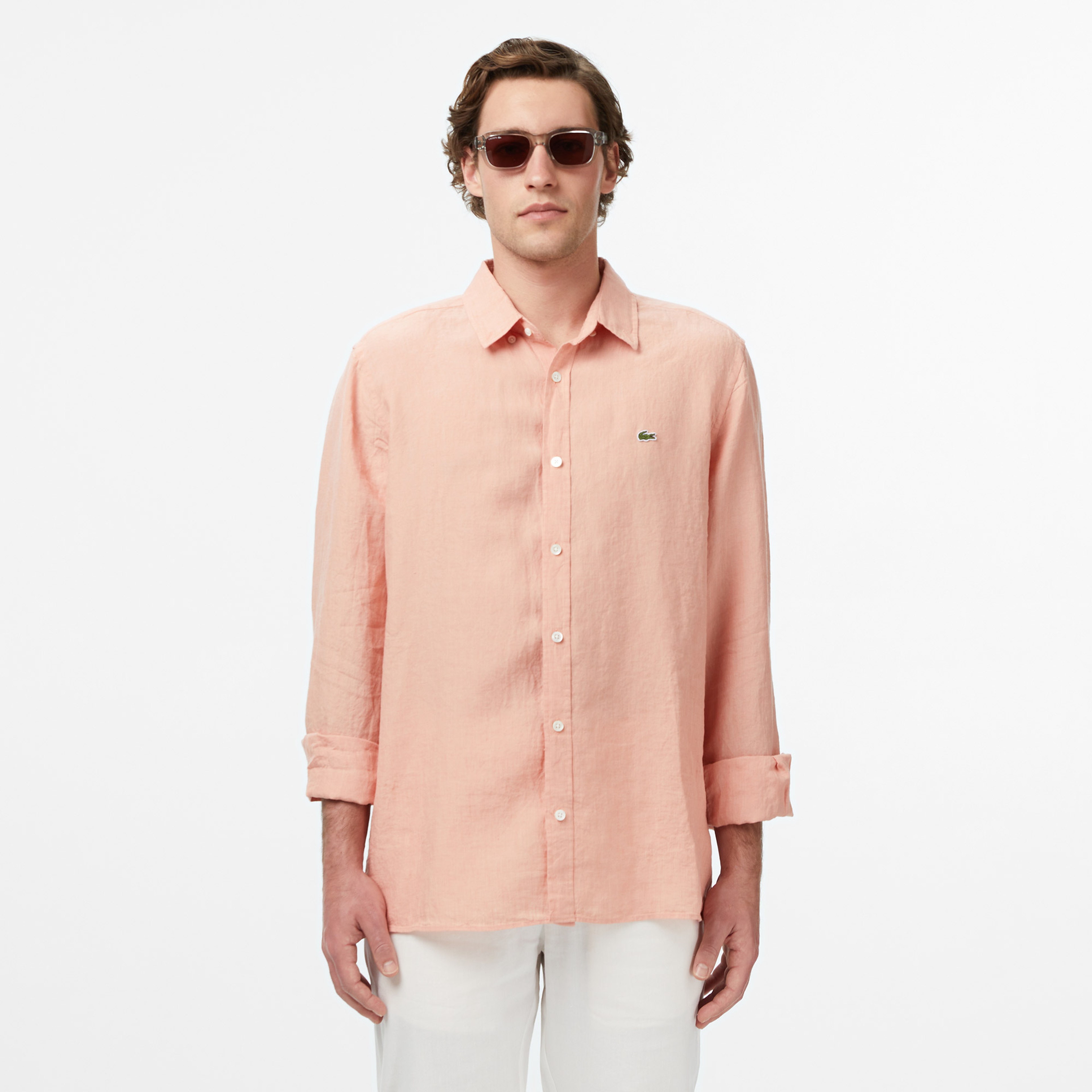 Erkek Regular Fit Düğmeli Yaka Keten Turuncu Gömlek