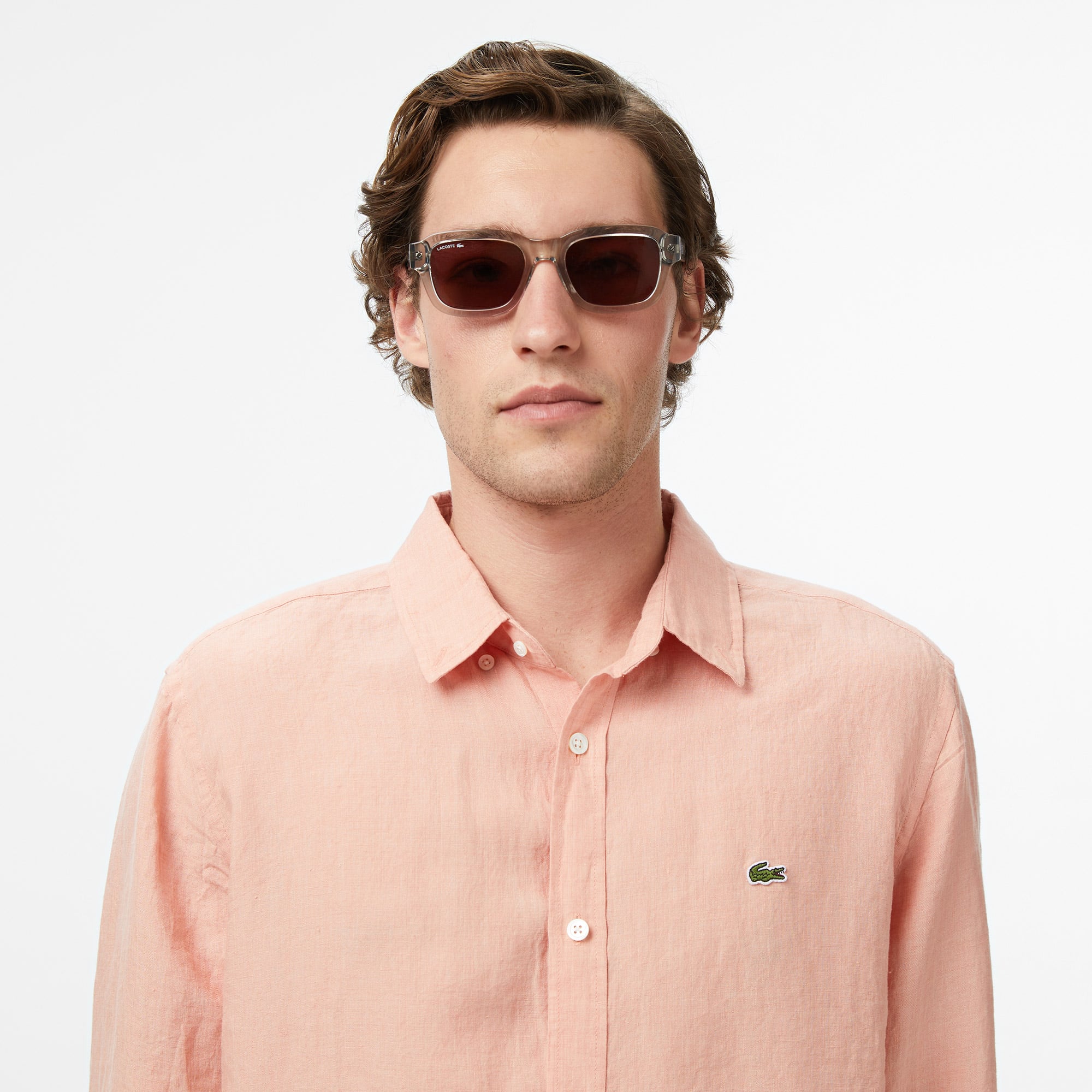 Lacoste Erkek Regular Fit Düğmeli Yaka Keten Turuncu Gömlek görsel 6