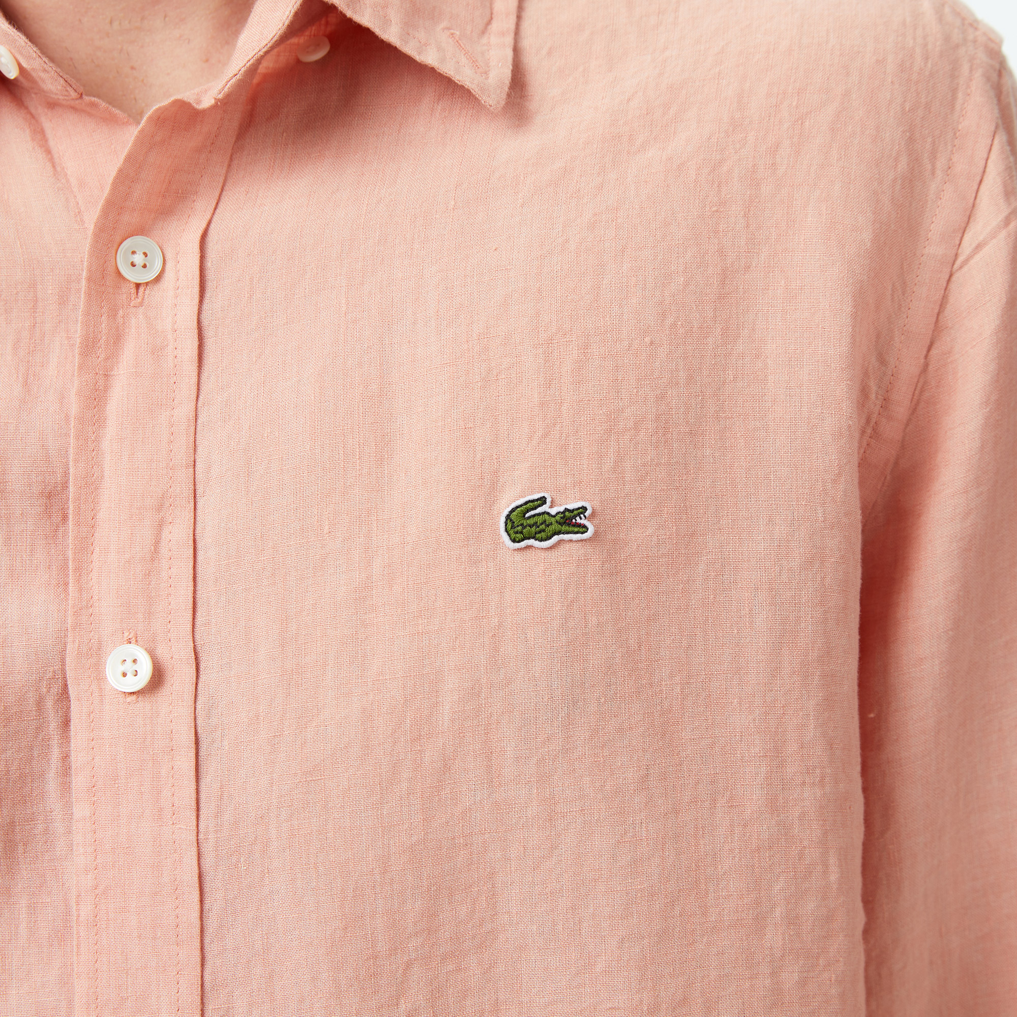 Lacoste Erkek Regular Fit Düğmeli Yaka Keten Turuncu Gömlek görsel 7