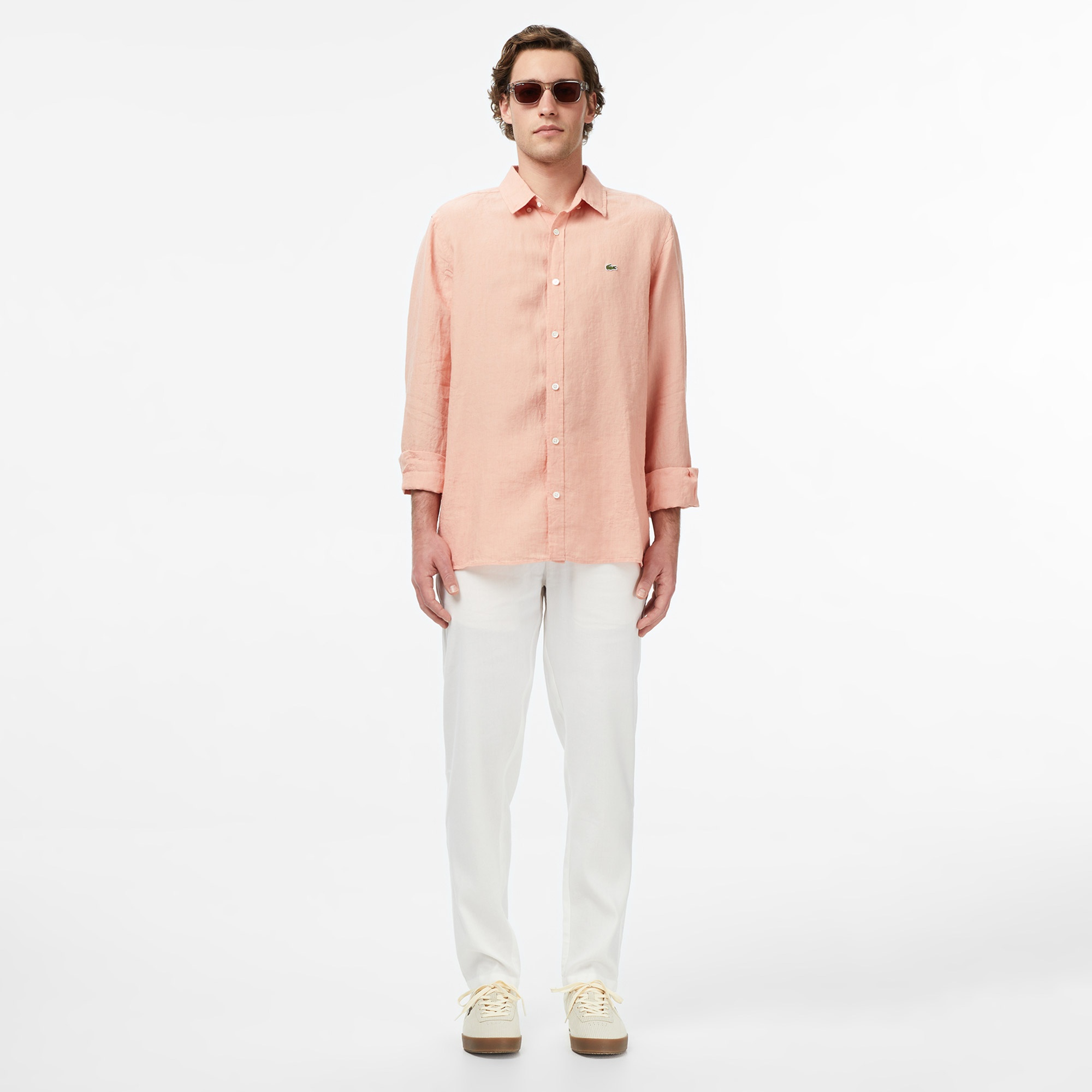 Erkek Regular Fit Düğmeli Yaka Keten Turuncu Gömlek