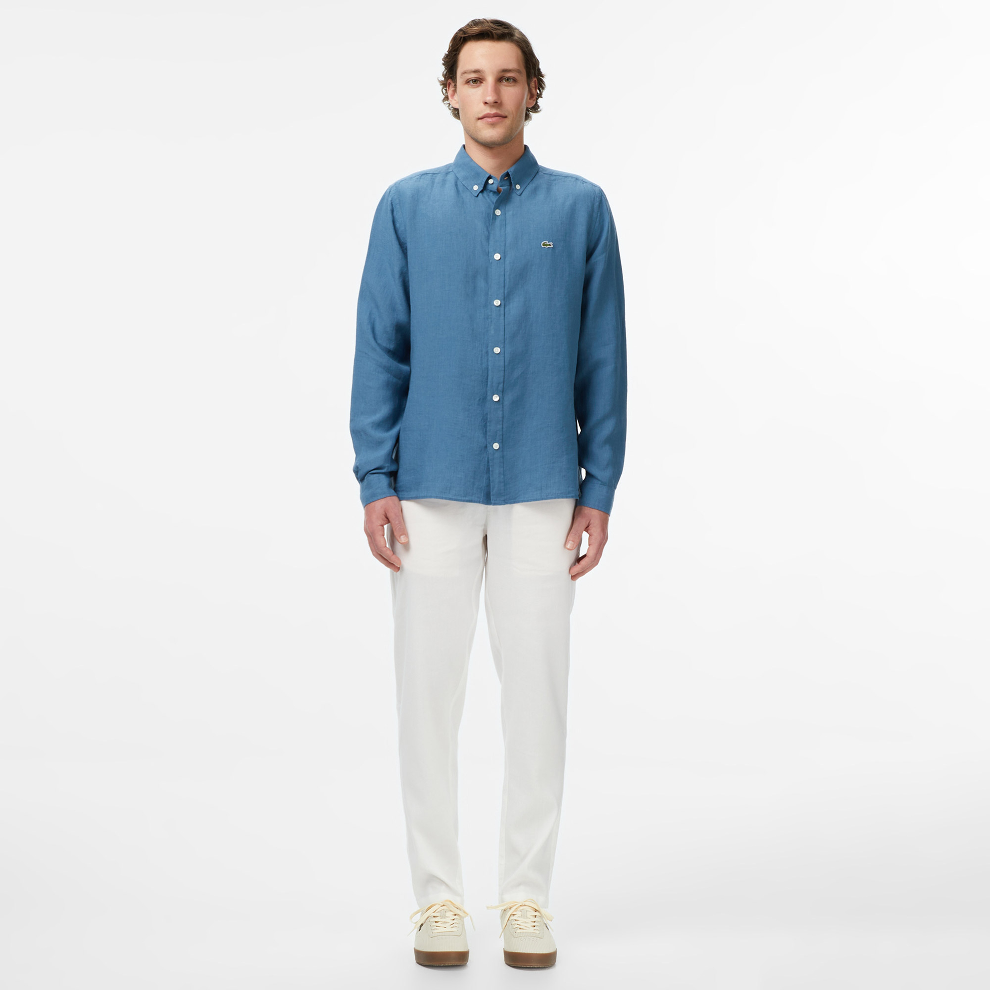 Erkek Regular Fit Düğmeli Yaka Keten Mavi Gömlek