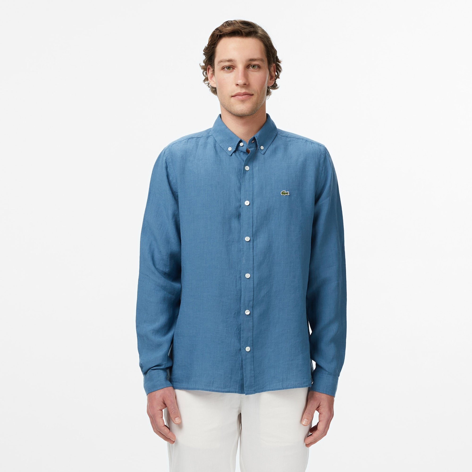 Erkek Regular Fit Düğmeli Yaka Keten Mavi Gömlek