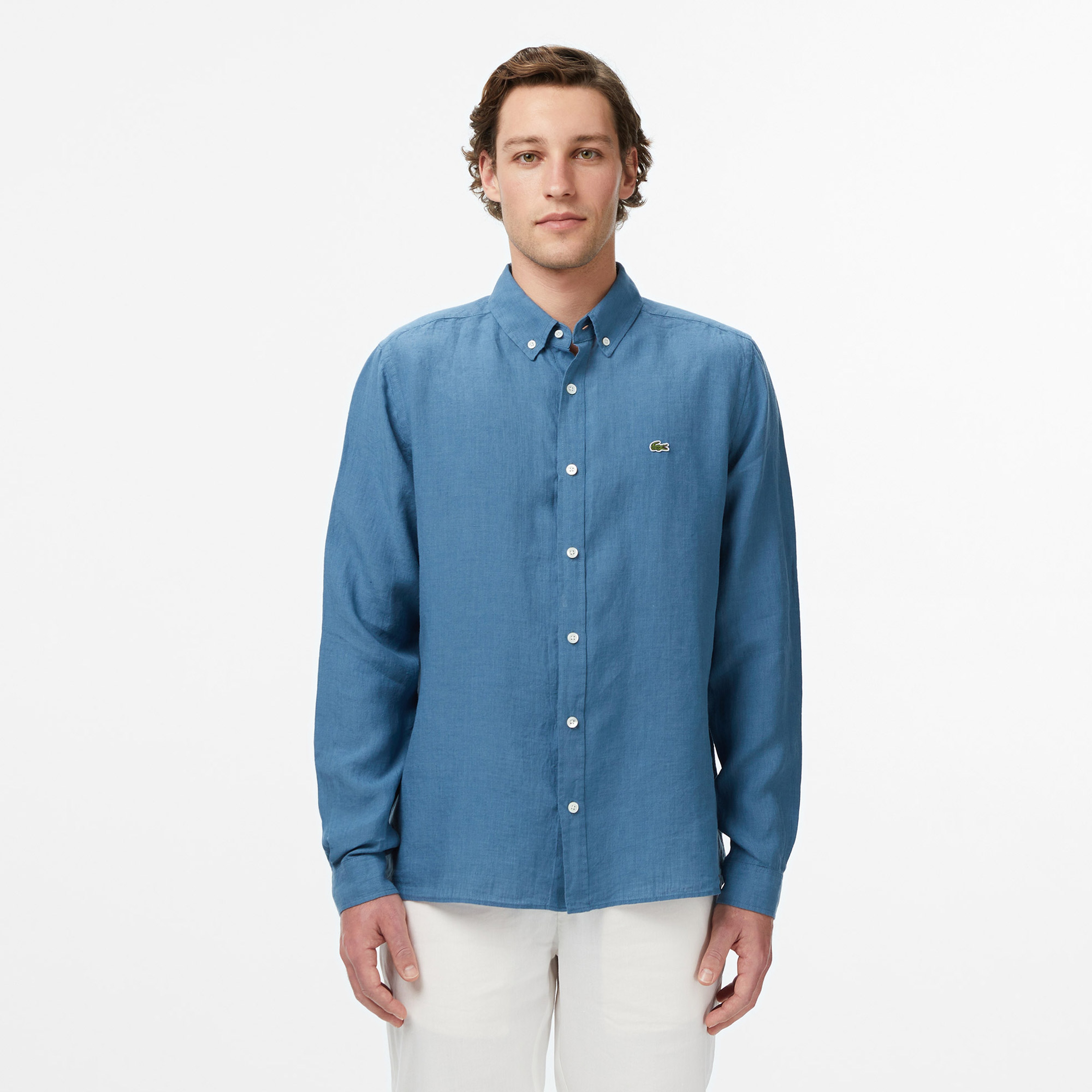 Erkek Regular Fit Düğmeli Yaka Keten Mavi Gömlek