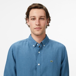 Erkek Regular Fit Düğmeli Yaka Keten Mavi Gömlek Mavi