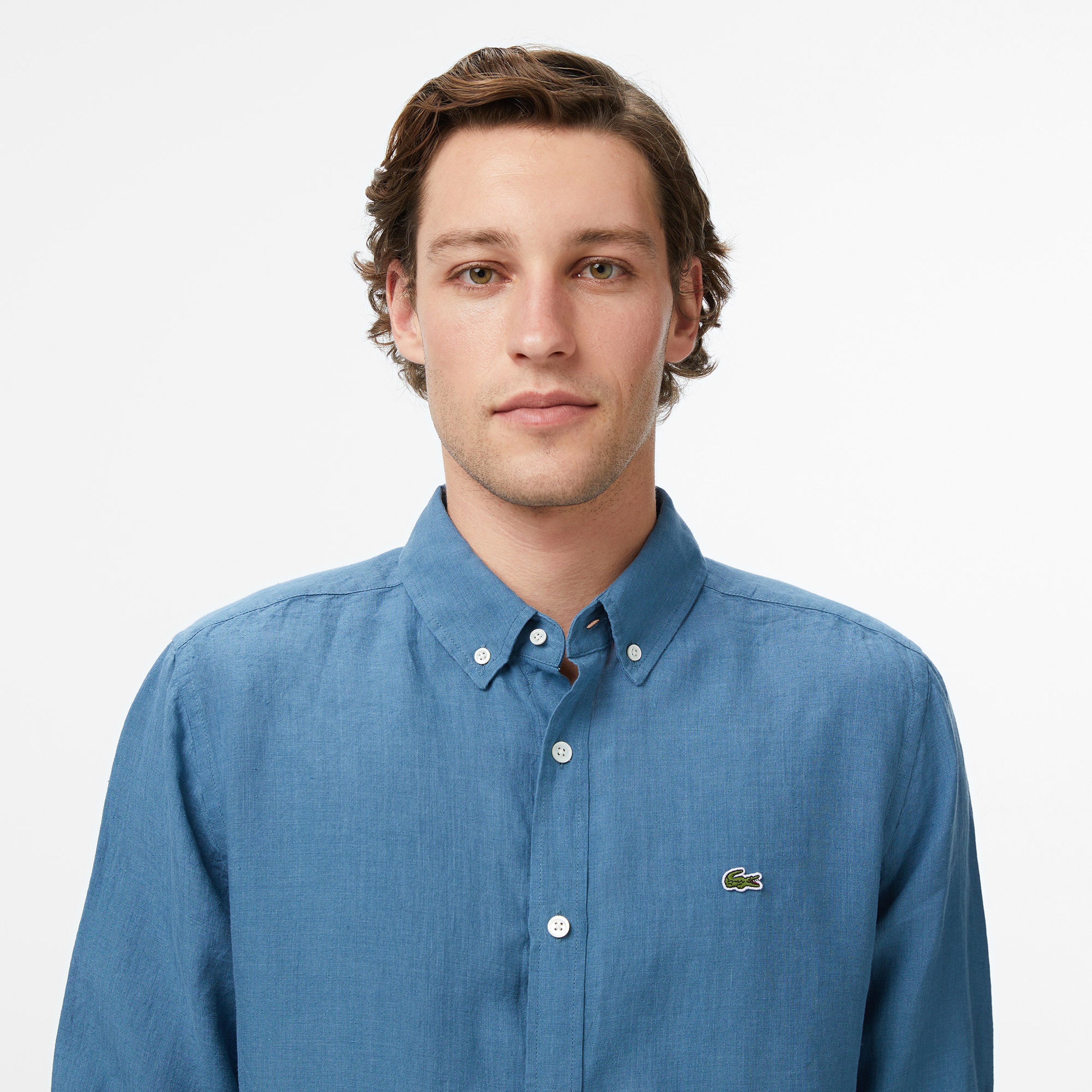 Erkek Regular Fit Düğmeli Yaka Keten Mavi Gömlek