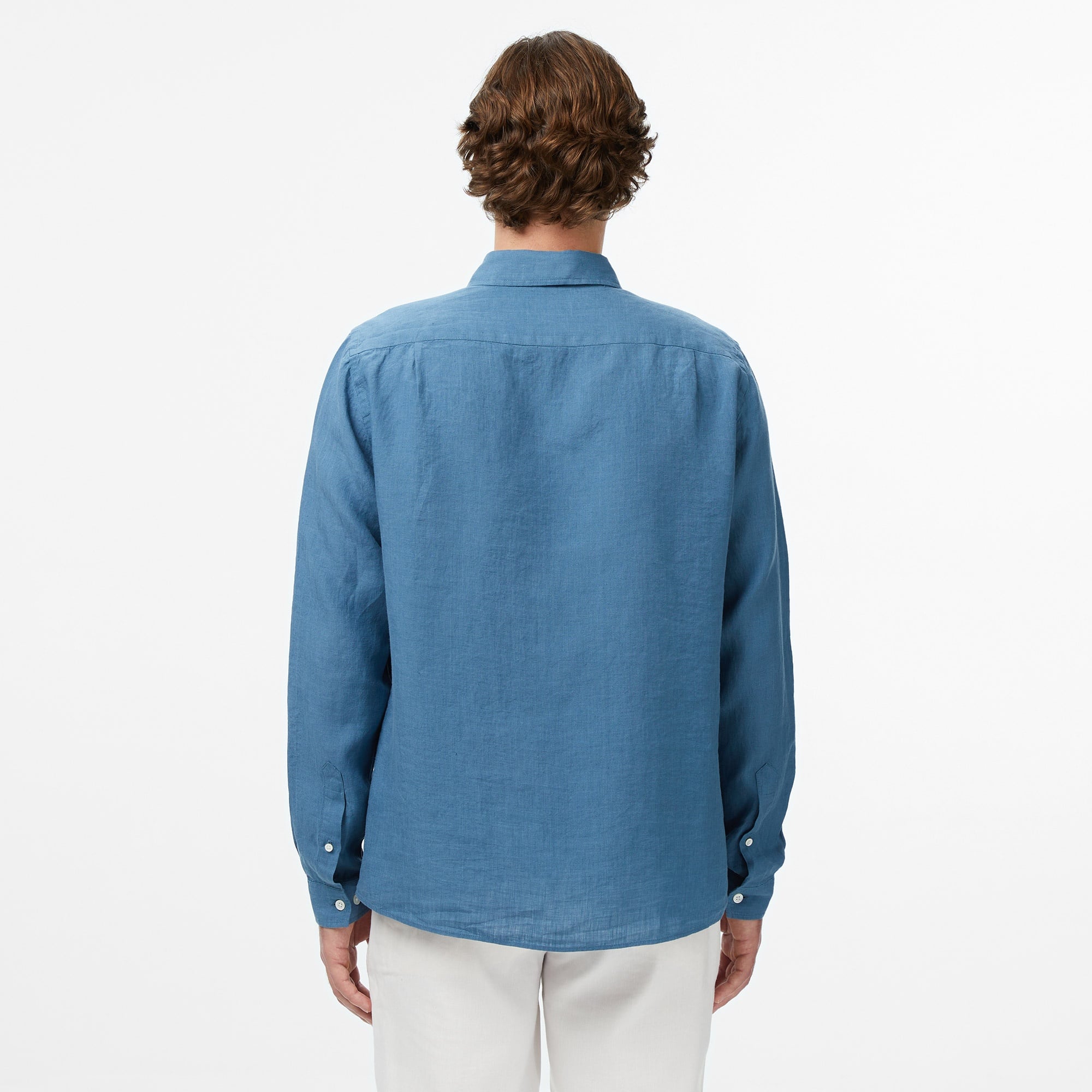 Erkek Regular Fit Düğmeli Yaka Keten Mavi Gömlek