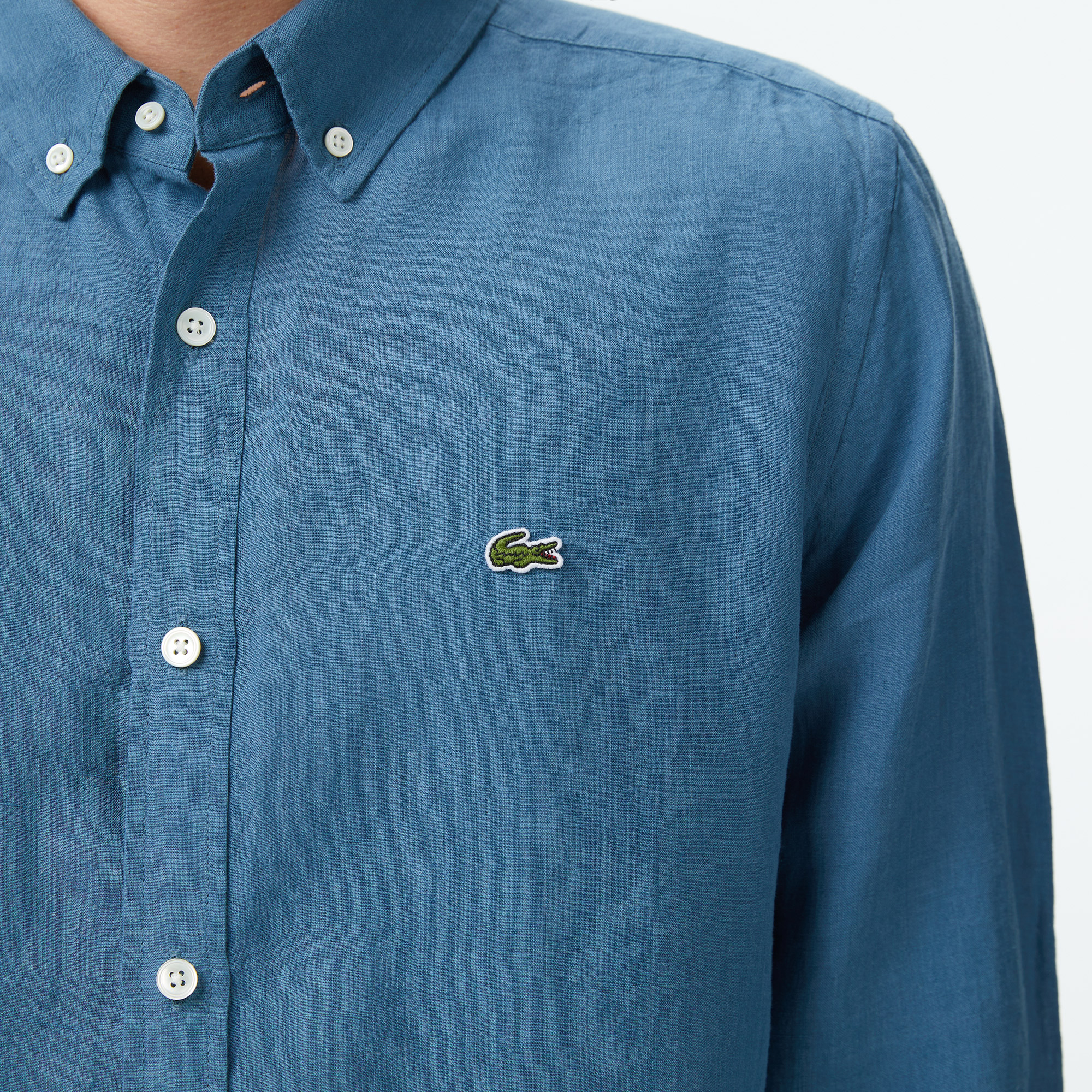 Lacoste Erkek Regular Fit Düğmeli Yaka Keten Mavi Gömlek görsel 7