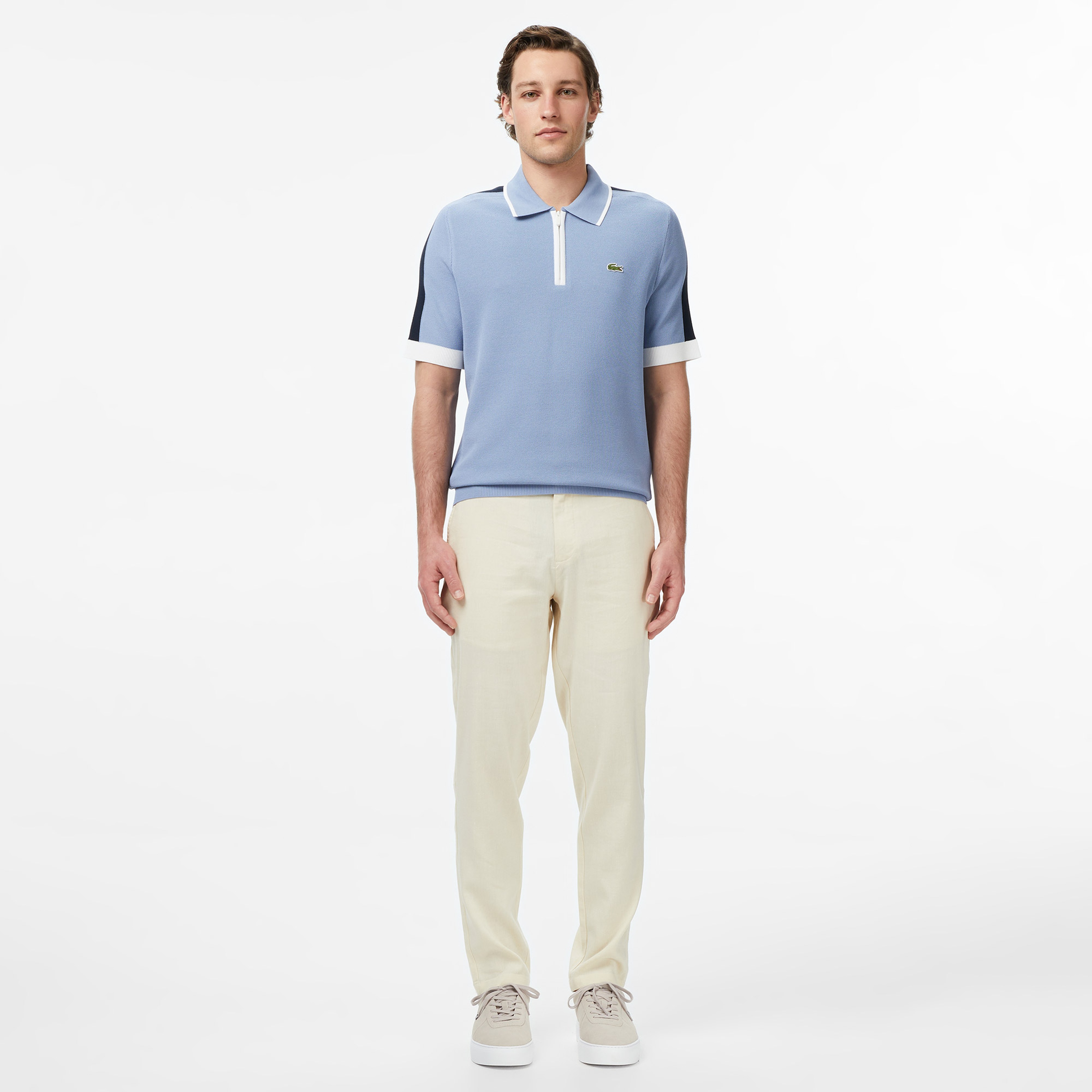 Erkek Classic Fit Kısa Kollu Yarım Fermuarlı Mavi Triko