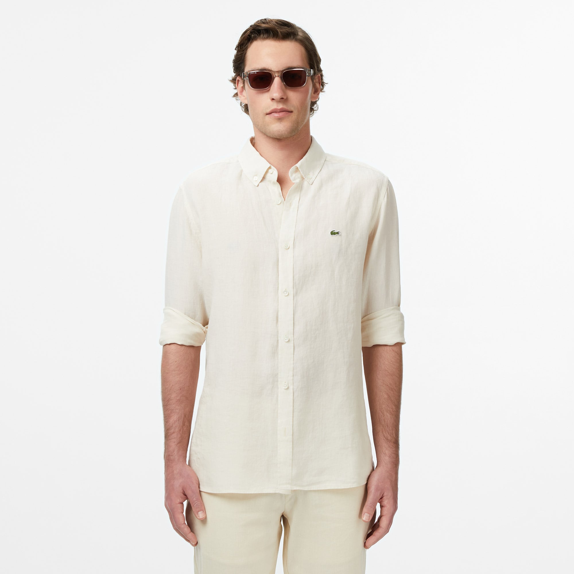 Lacoste Erkek Regular Fit Düğmeli Yaka Keten Krem Gömlek