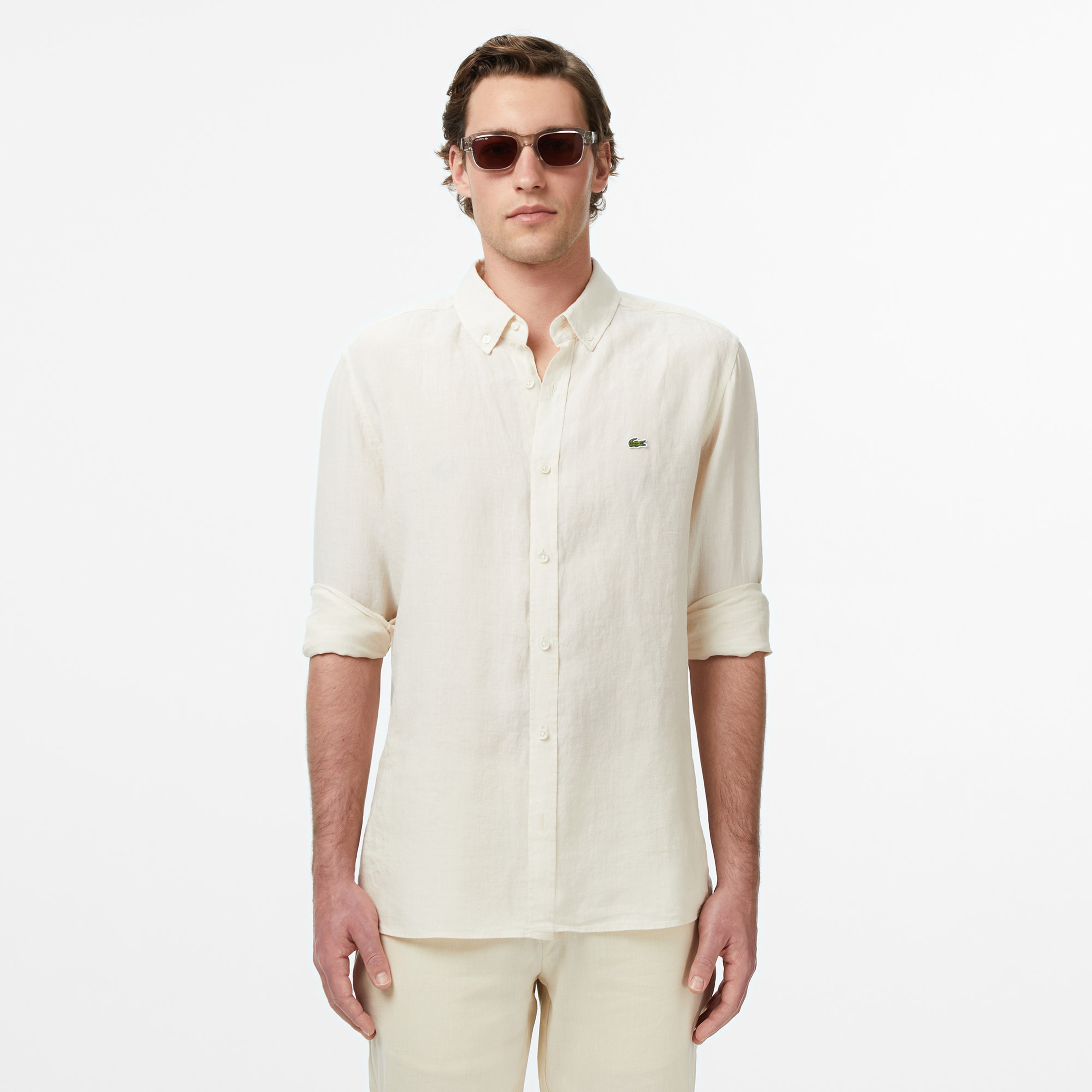 Erkek Regular Fit Düğmeli Yaka Keten Bej Gömlek