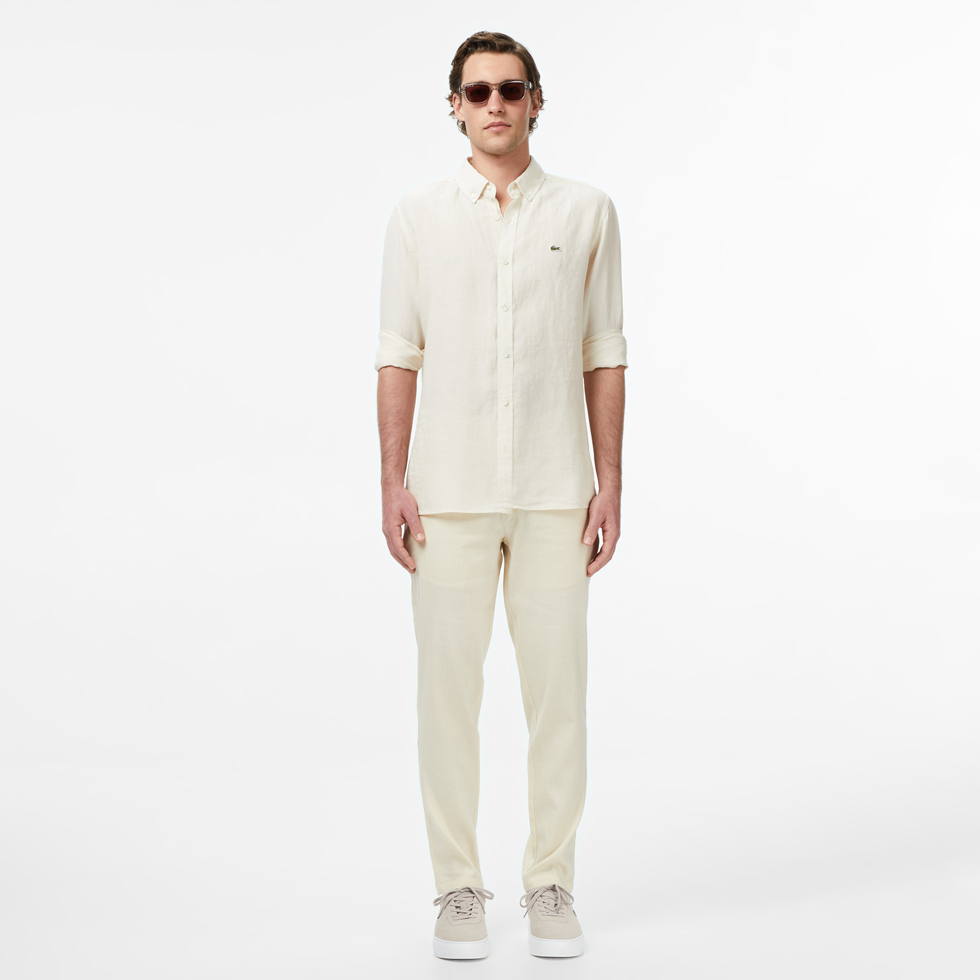 Lacoste Erkek Regular Fit Düğmeli Yaka Keten Krem Gömlek görsel 5