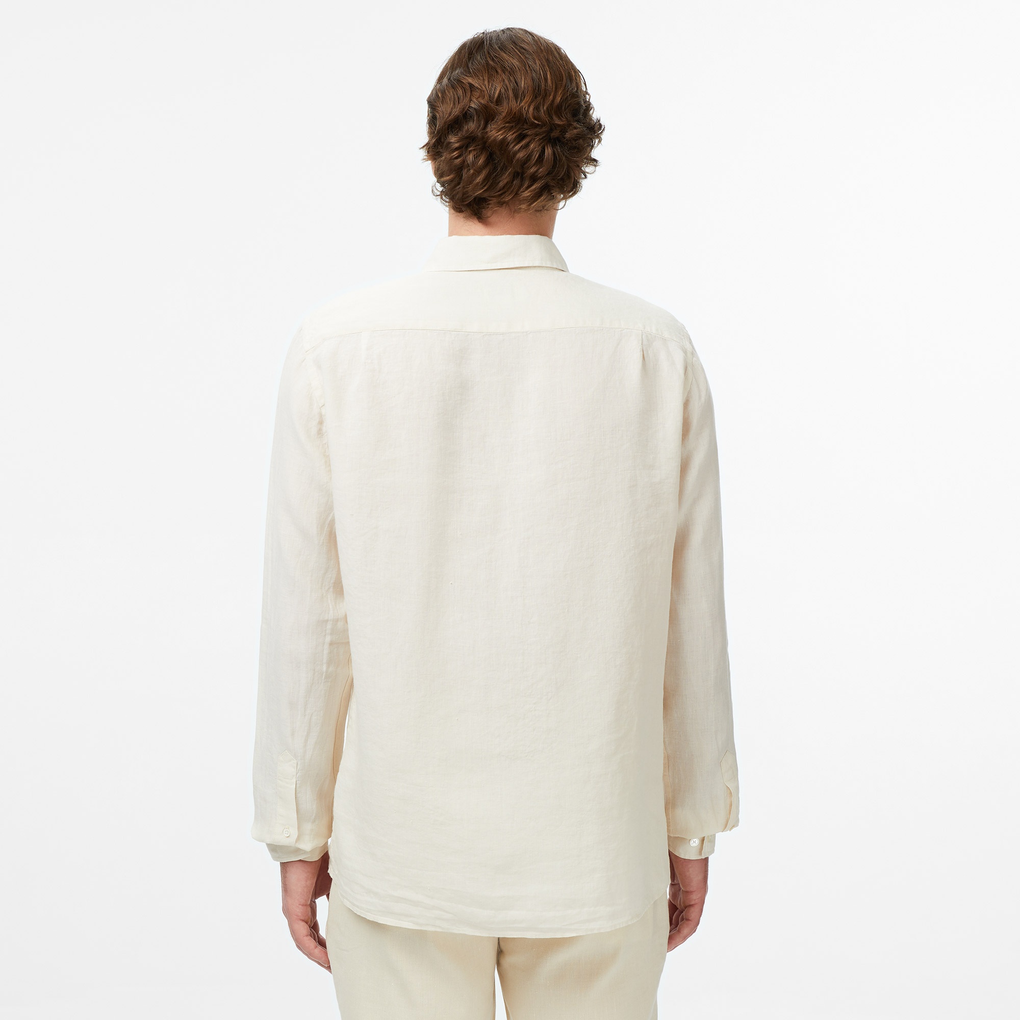 Erkek Regular Fit Düğmeli Yaka Keten Krem Gömlek