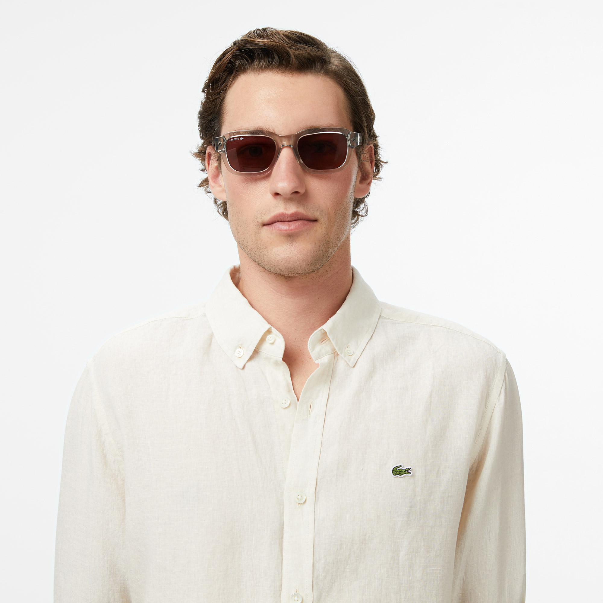 Lacoste Erkek Regular Fit Düğmeli Yaka Keten Krem Gömlek görsel 6