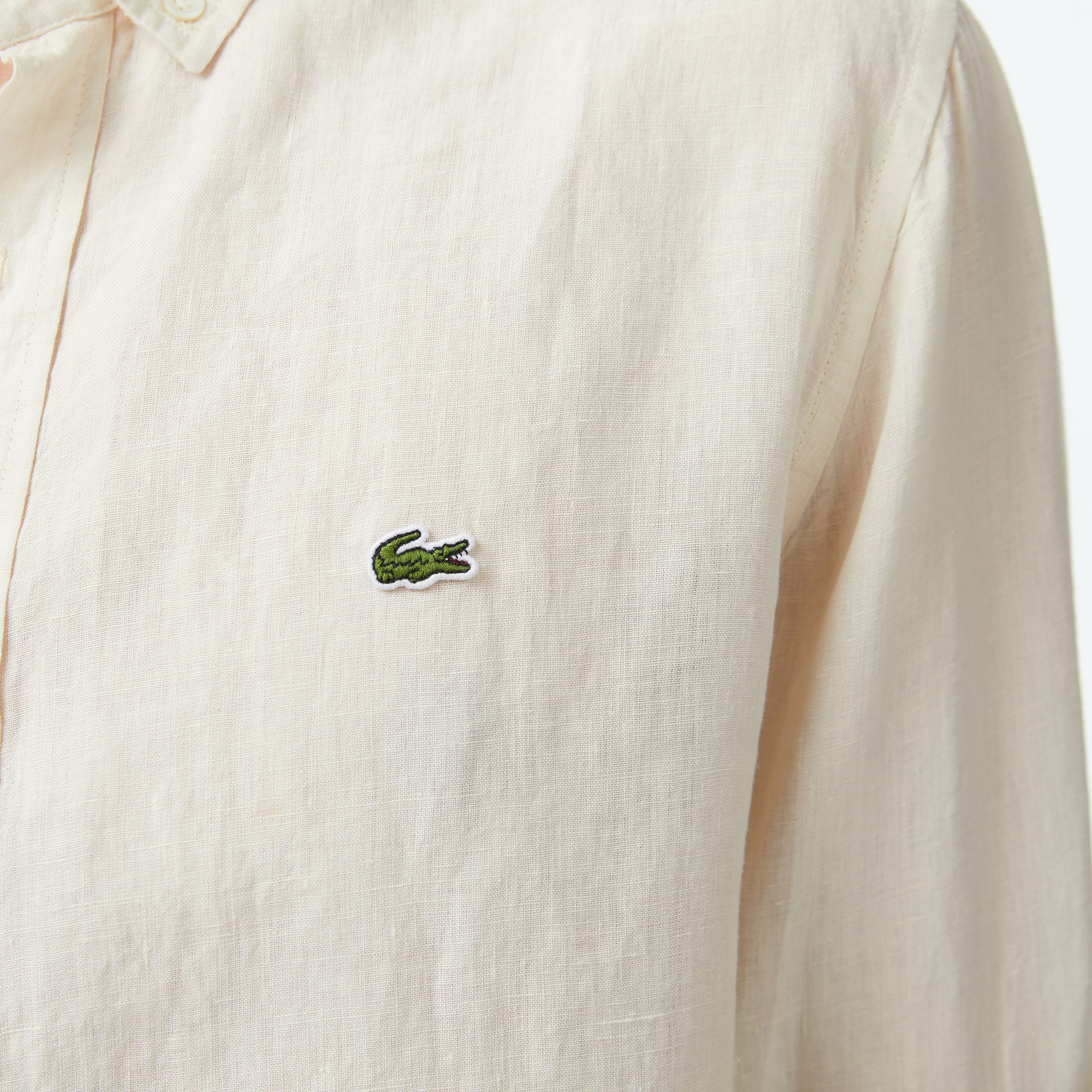 Erkek Regular Fit Düğmeli Yaka Keten Krem Gömlek