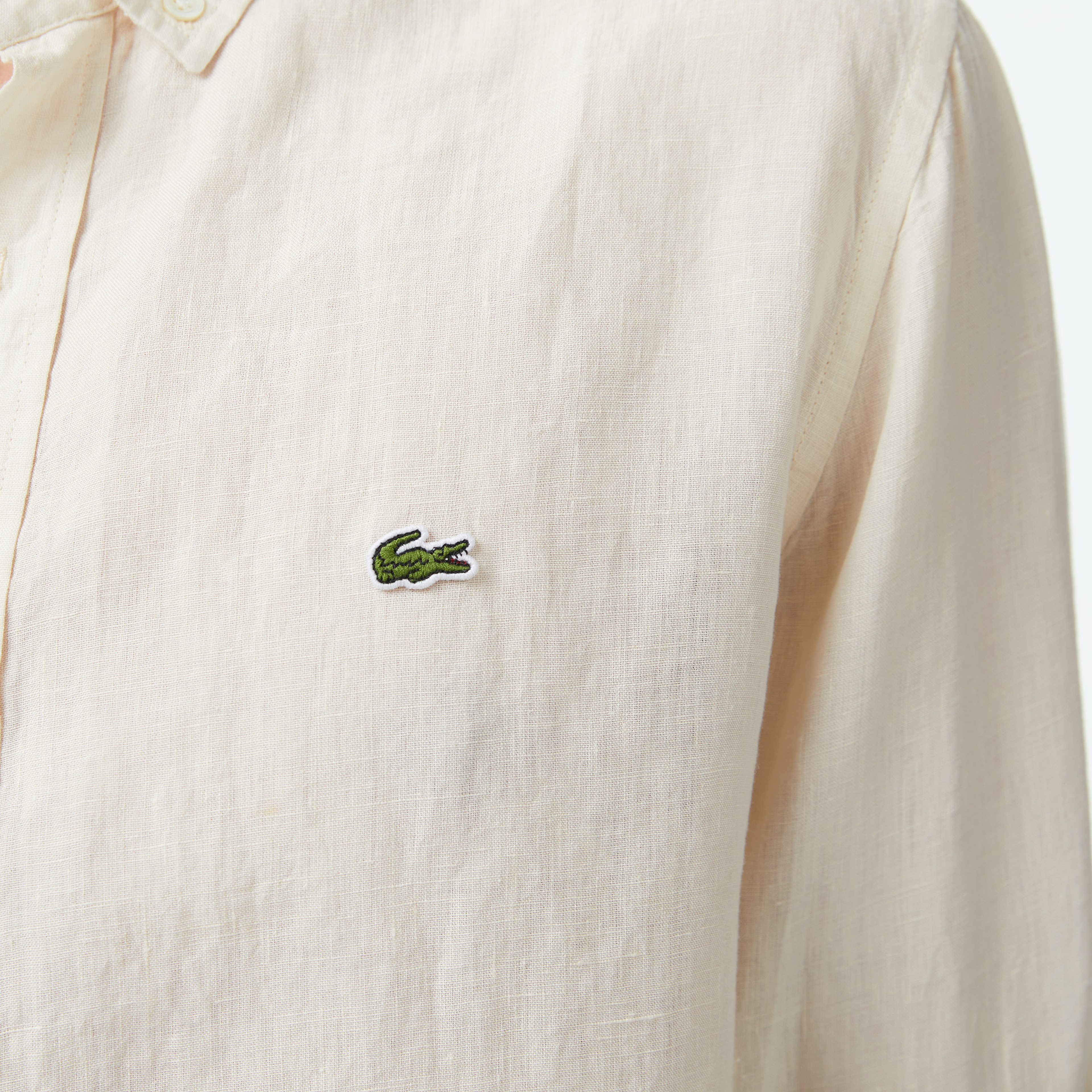 Erkek Regular Fit Düğmeli Yaka Keten Bej Gömlek