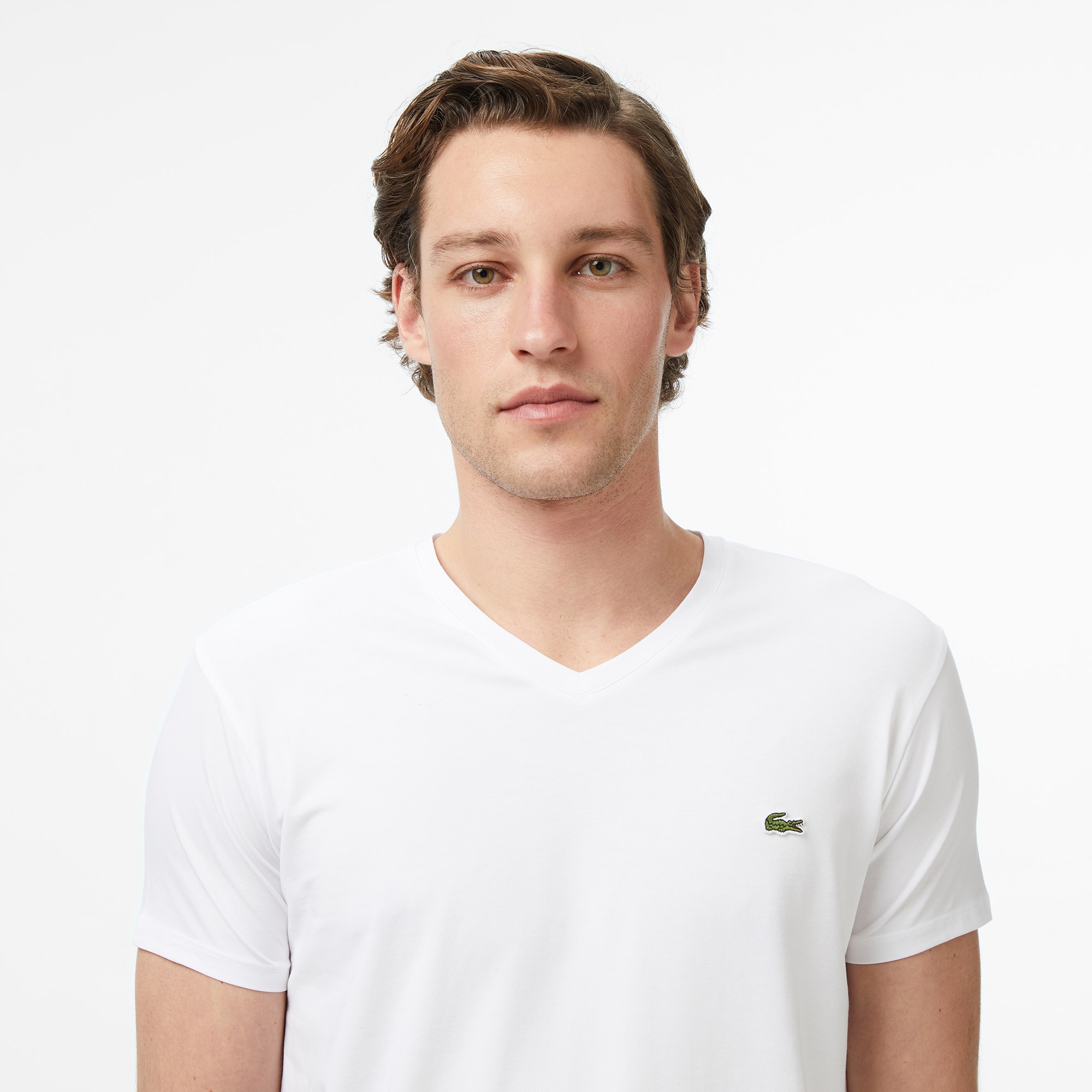 Erkek Slim Fit V Yaka Beyaz T-Shirt