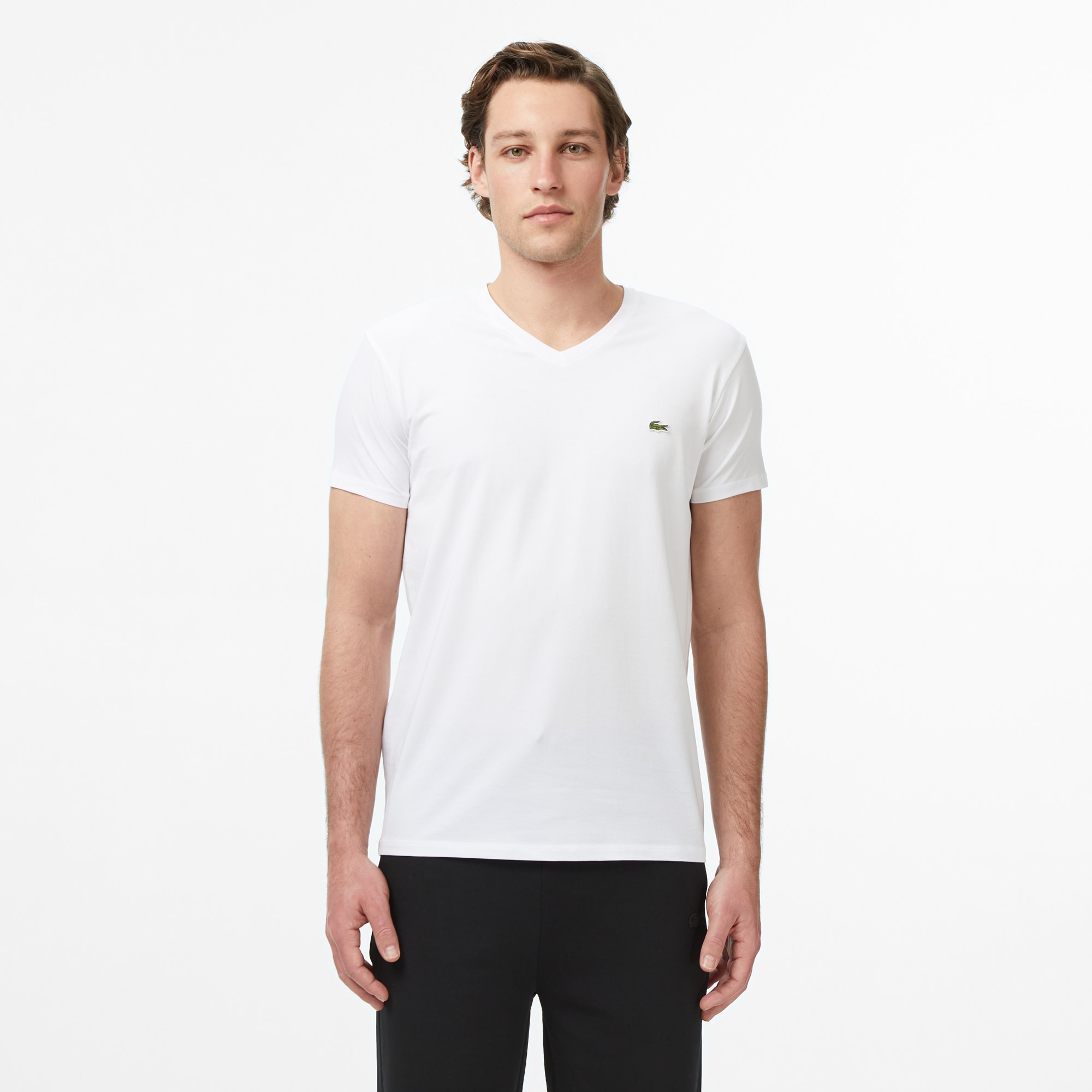 Erkek Slim Fit V Yaka Beyaz T-Shirt