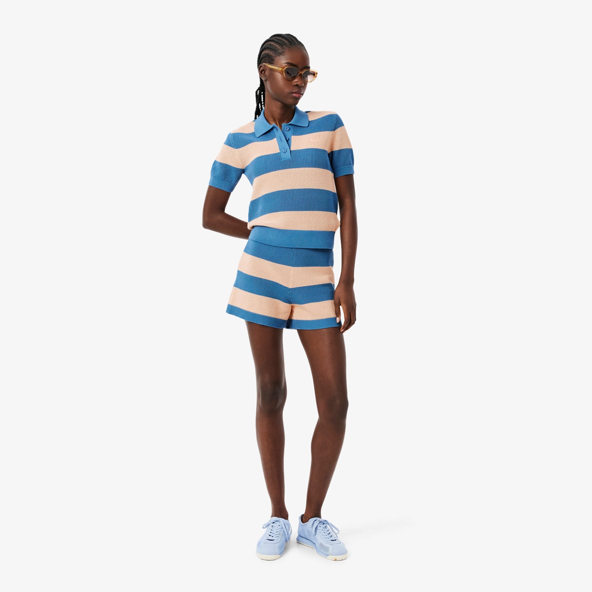 Kadın Regular Fit Kısa Kollu Polo Yaka Çizgili Mavi Bluz