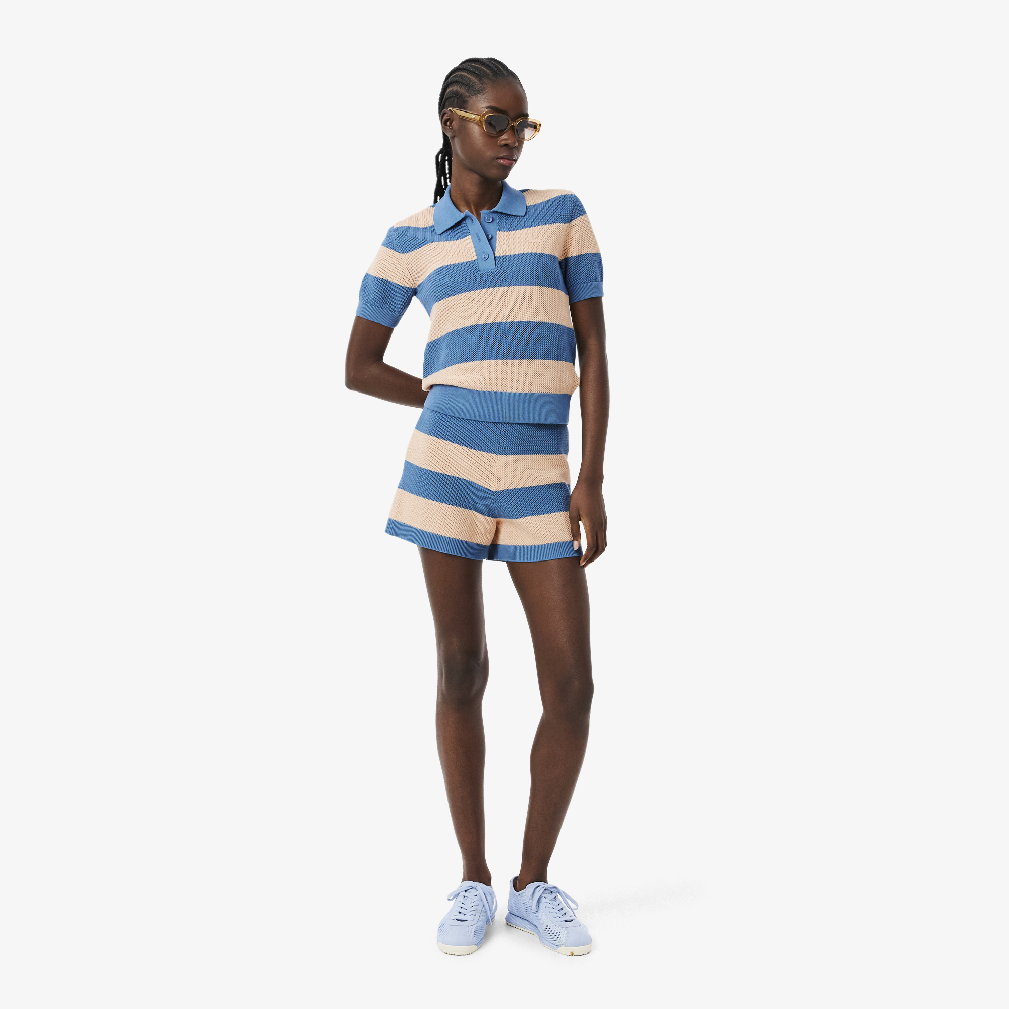 Kadın Regular Fit Kısa Kollu Polo Yaka Çizgili Mavi Bluz