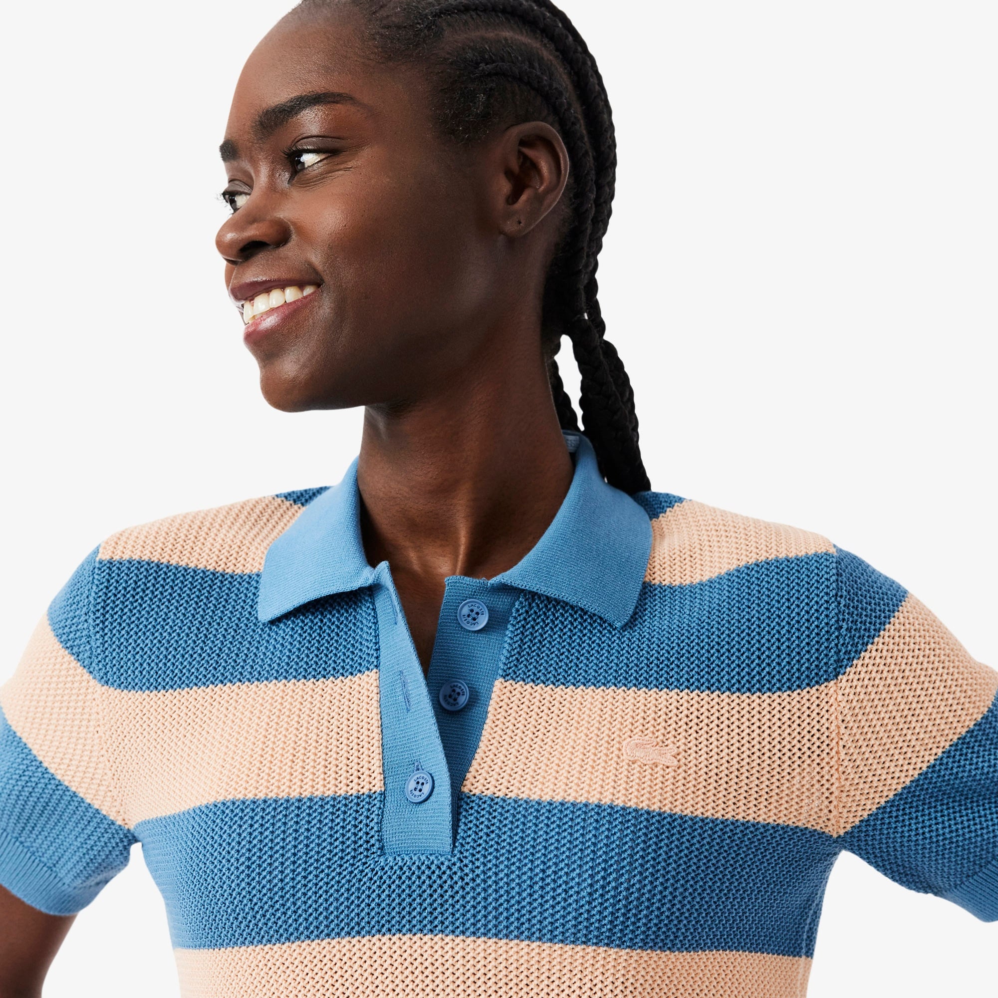 Kadın Regular Fit Kısa Kollu Polo Yaka Çizgili Mavi Bluz