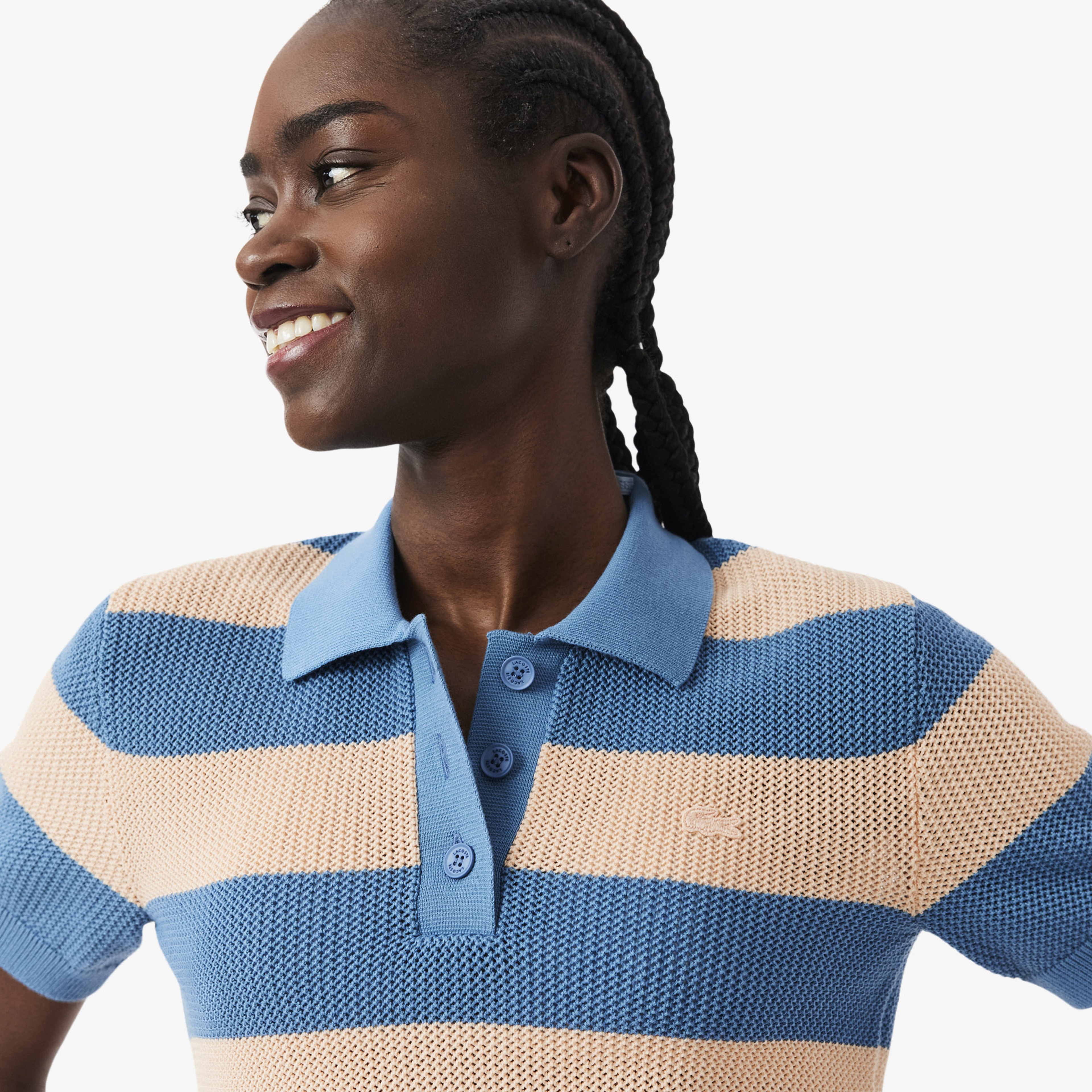 Kadın Regular Fit Kısa Kollu Polo Yaka Çizgili Mavi Bluz