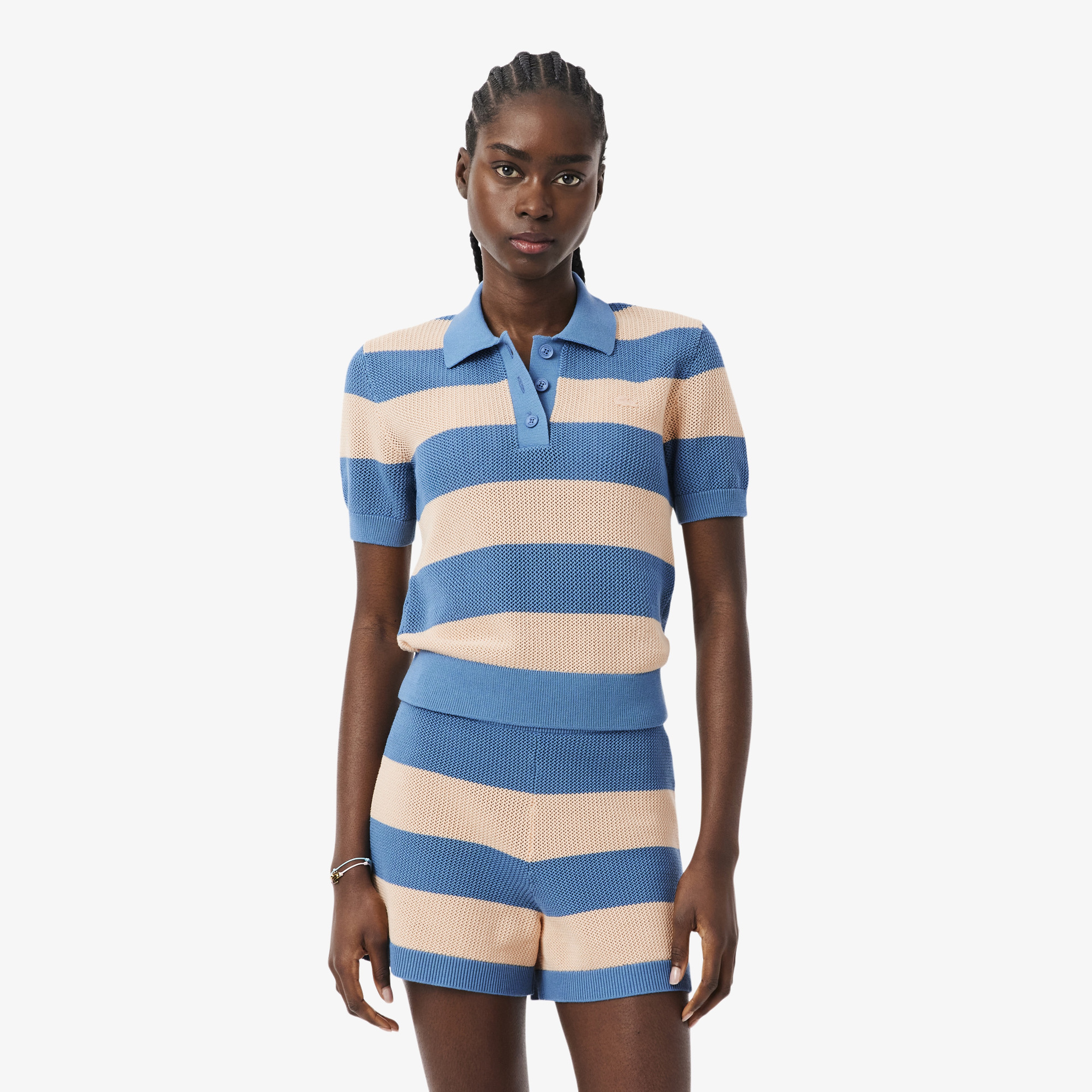 Kadın Regular Fit Kısa Kollu Polo Yaka Çizgili Mavi Bluz