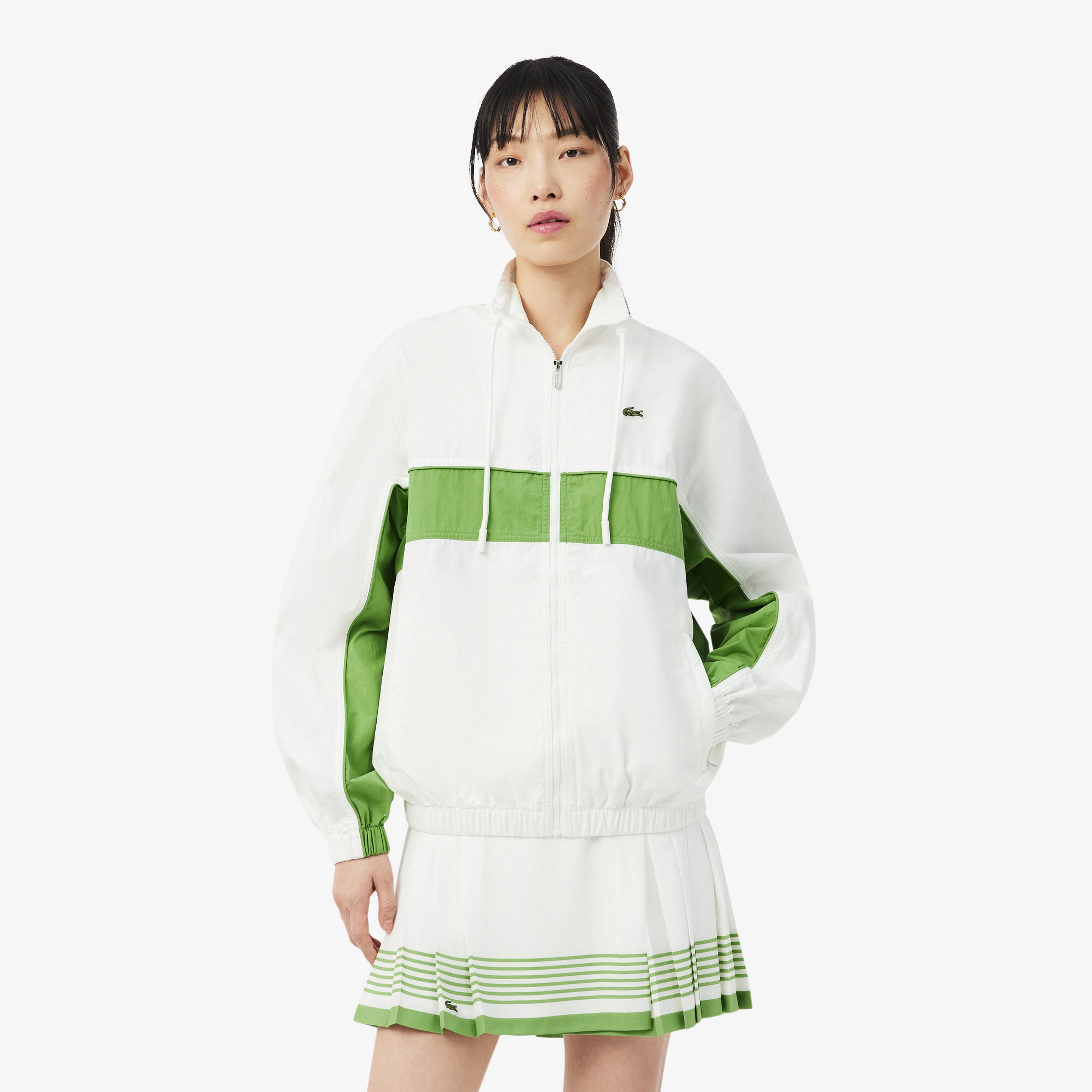 Kadın Relaxed Fit Dik Yaka Renk Bloklu Beyaz Ceket