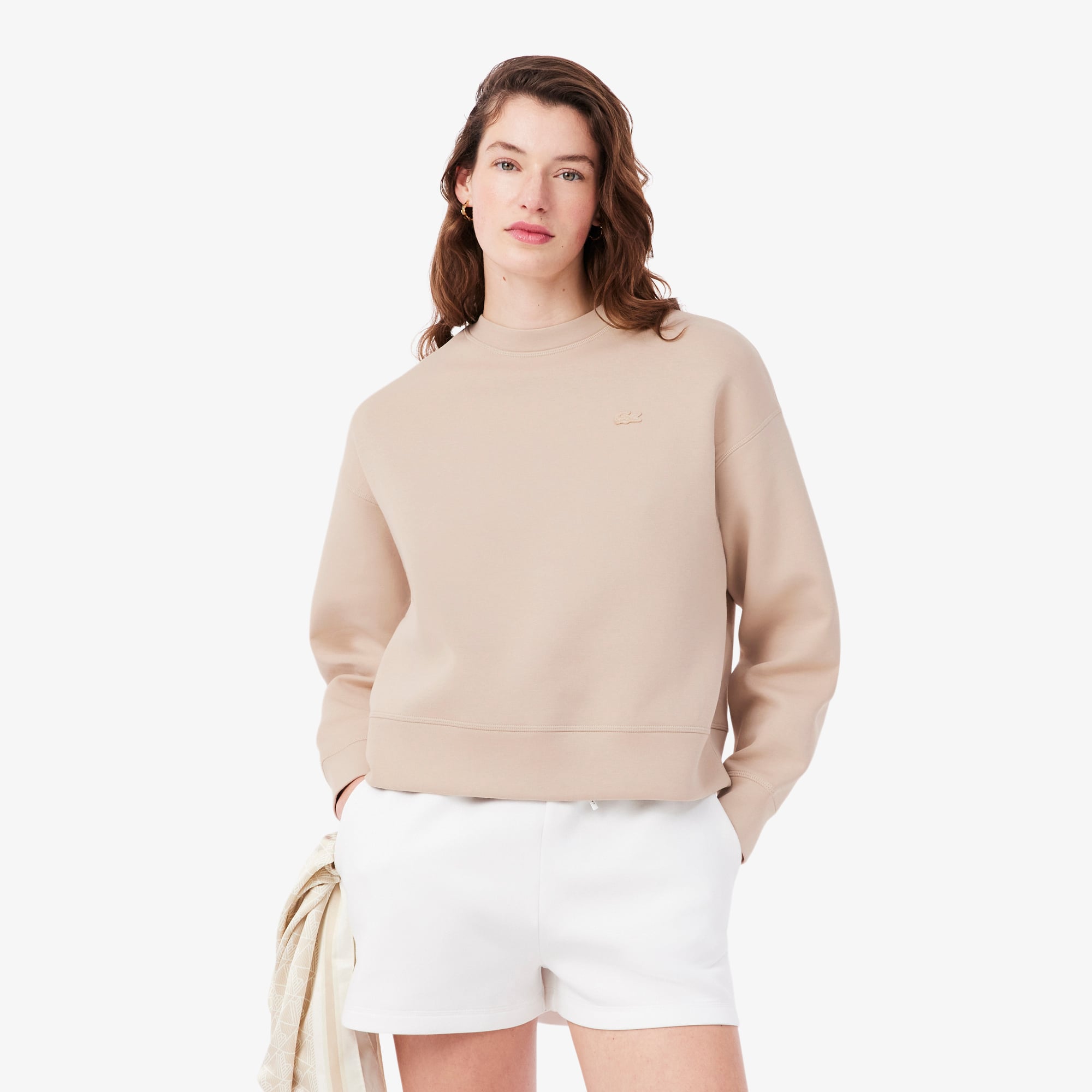 Lacoste Kadın Oversize Fit Bisiklet Yaka Bej Sweatshirt