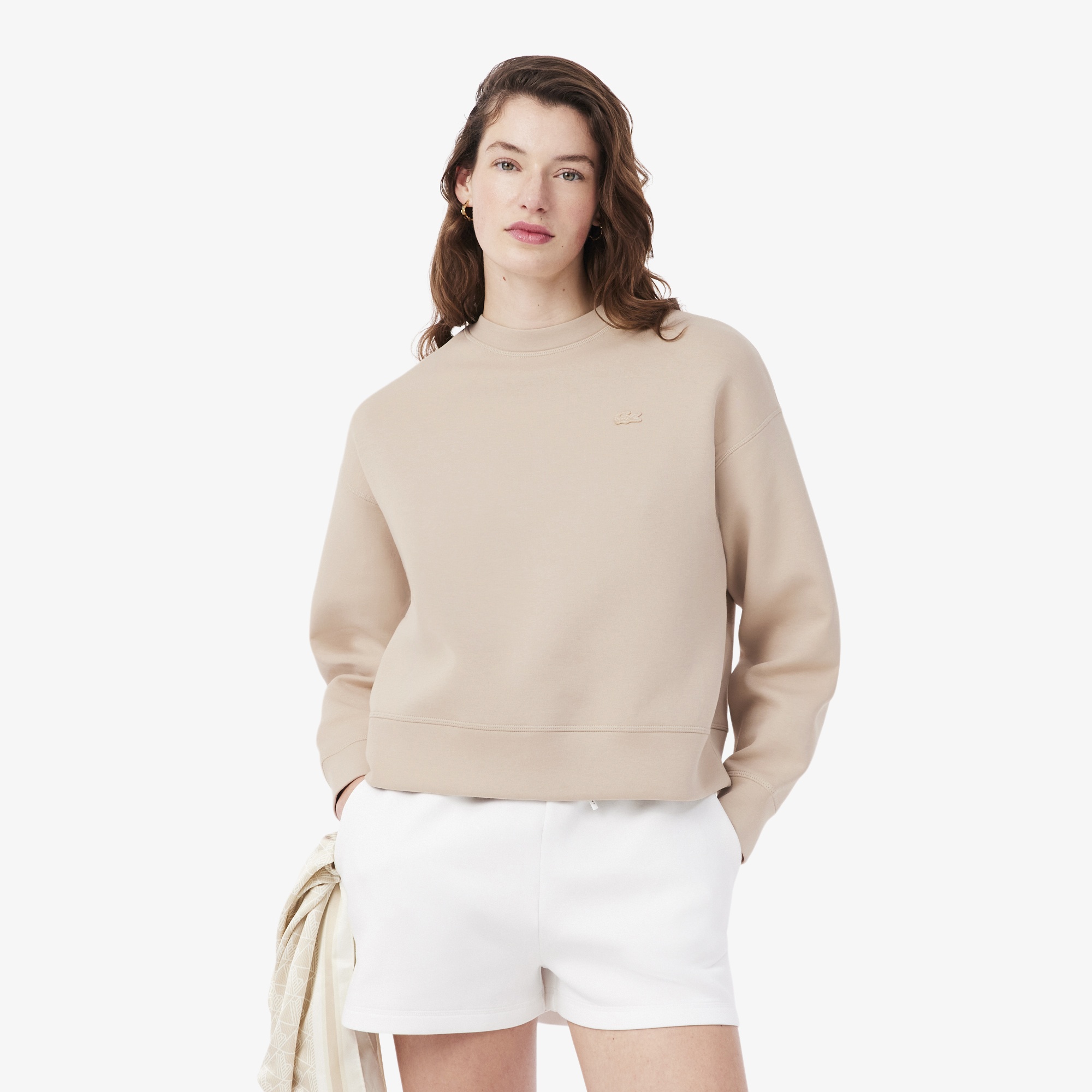 Kadın Oversize Fit Bisiklet Yaka Bej Sweatshirt