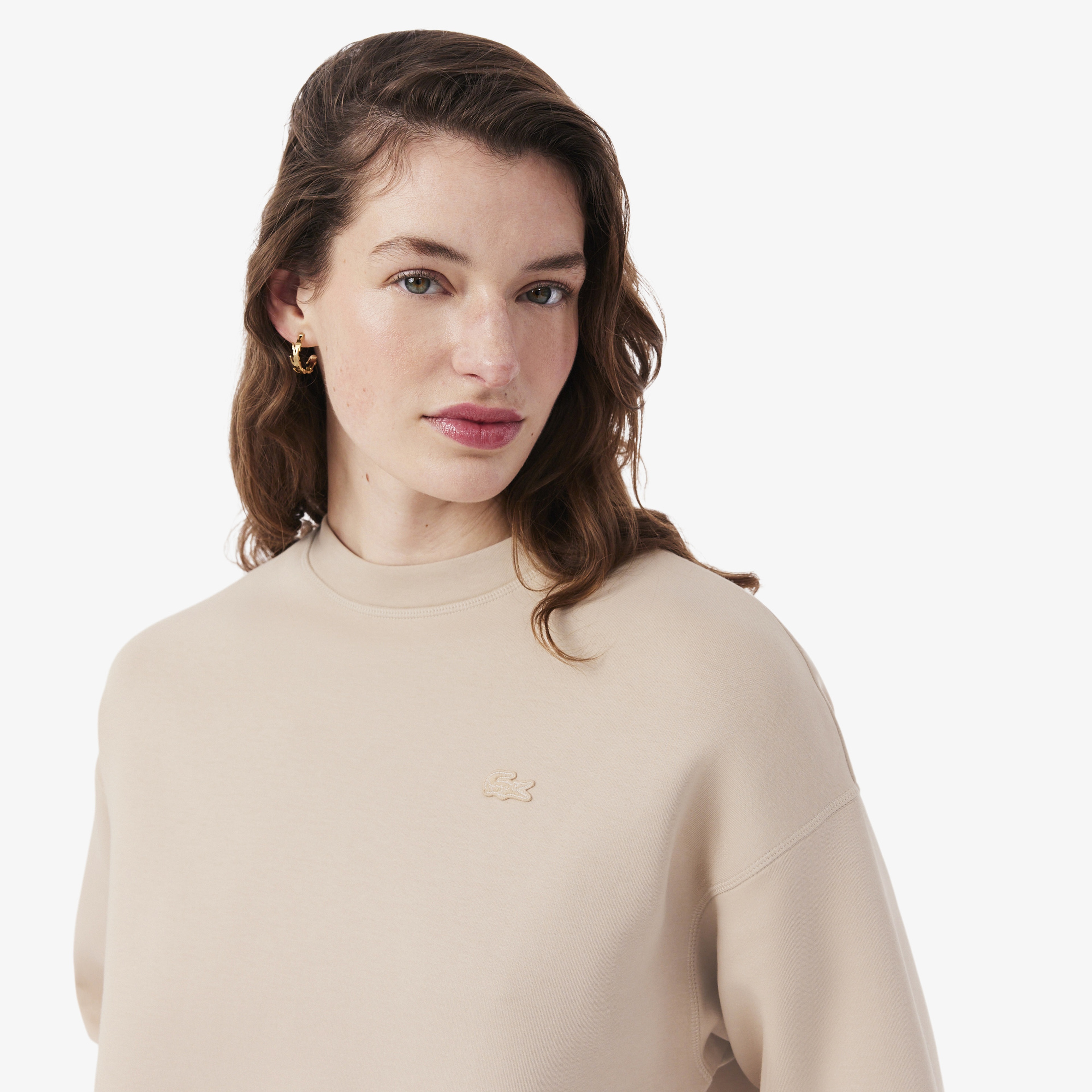 Kadın Oversize Fit Bisiklet Yaka Bej Sweatshirt