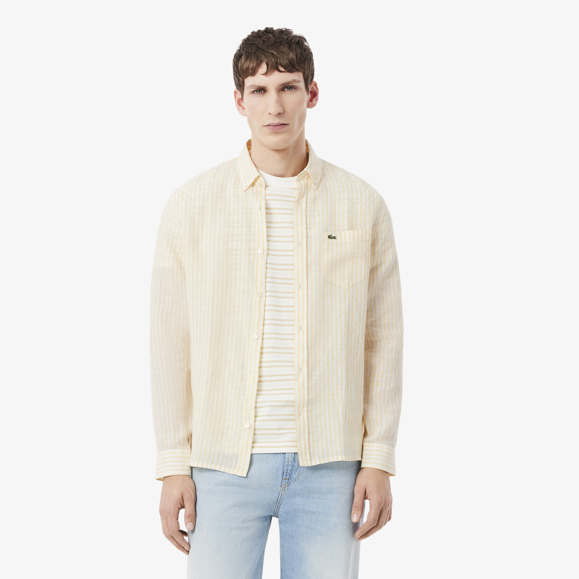 Lacoste Erkek Regular Fit Düğmeli Yaka Çizgili Keten Sarı Gömlek