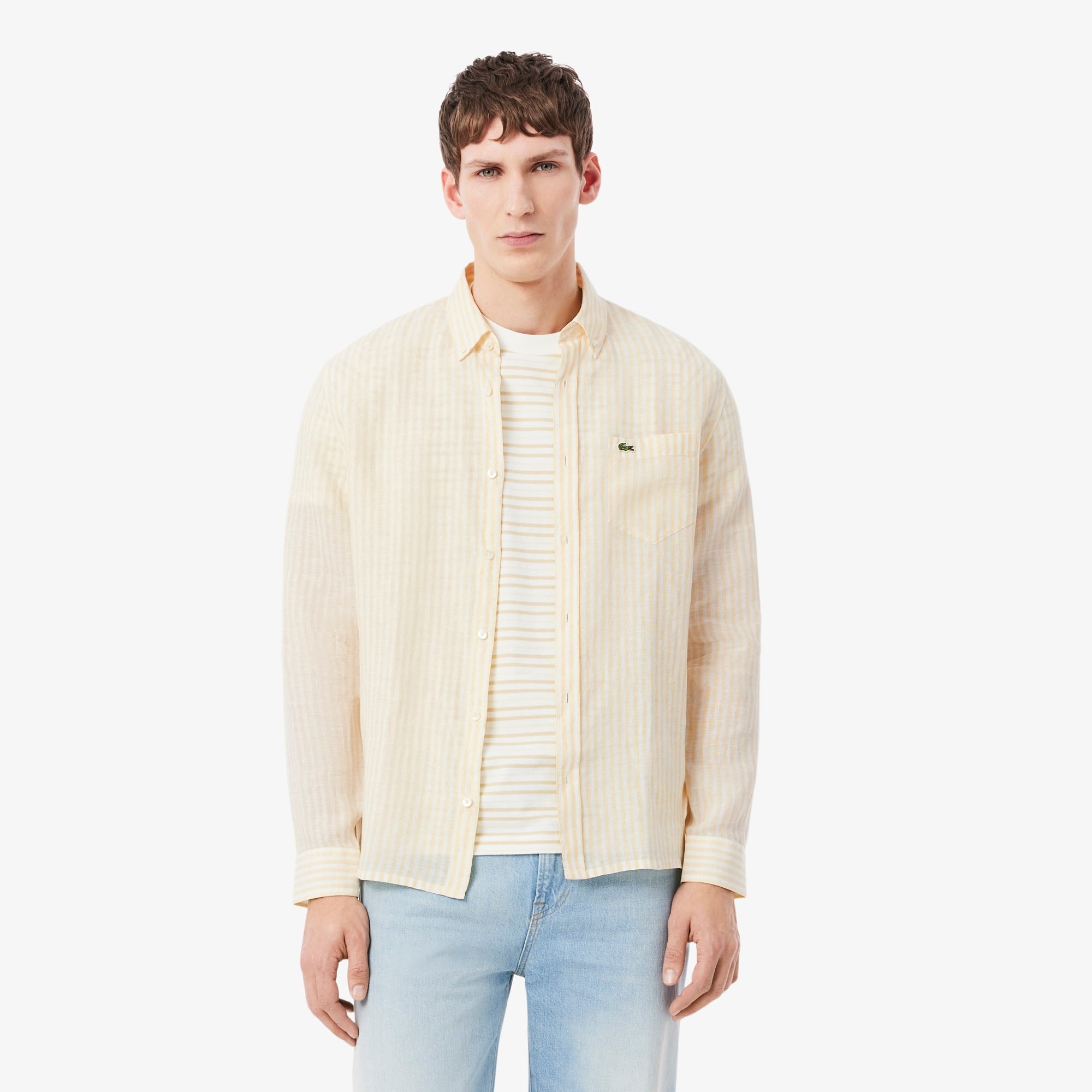 Erkek Regular Fit Düğmeli Yaka Çizgili Keten Sarı Gömlek