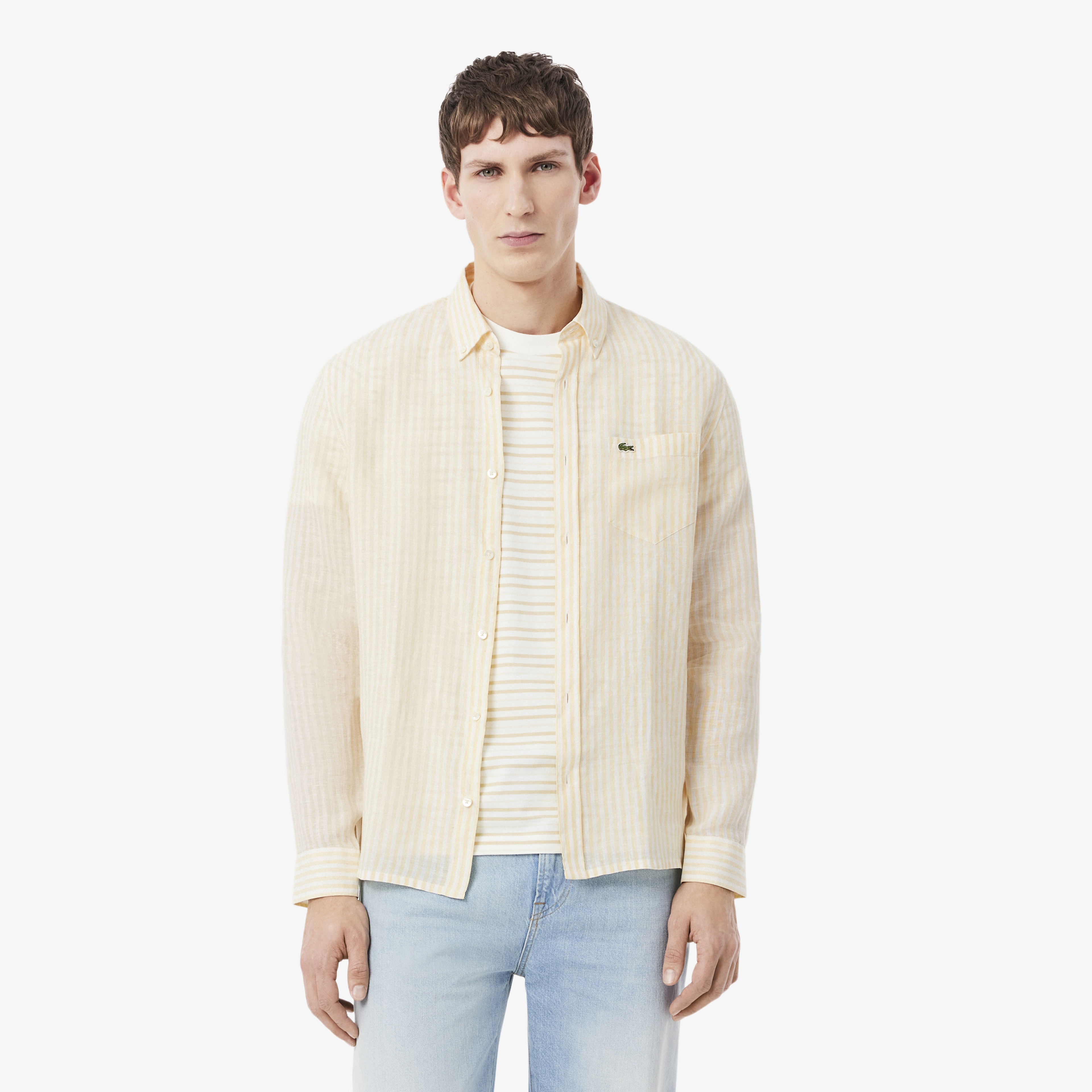 Erkek Regular Fit Düğmeli Yaka Çizgili Sarı Gömlek